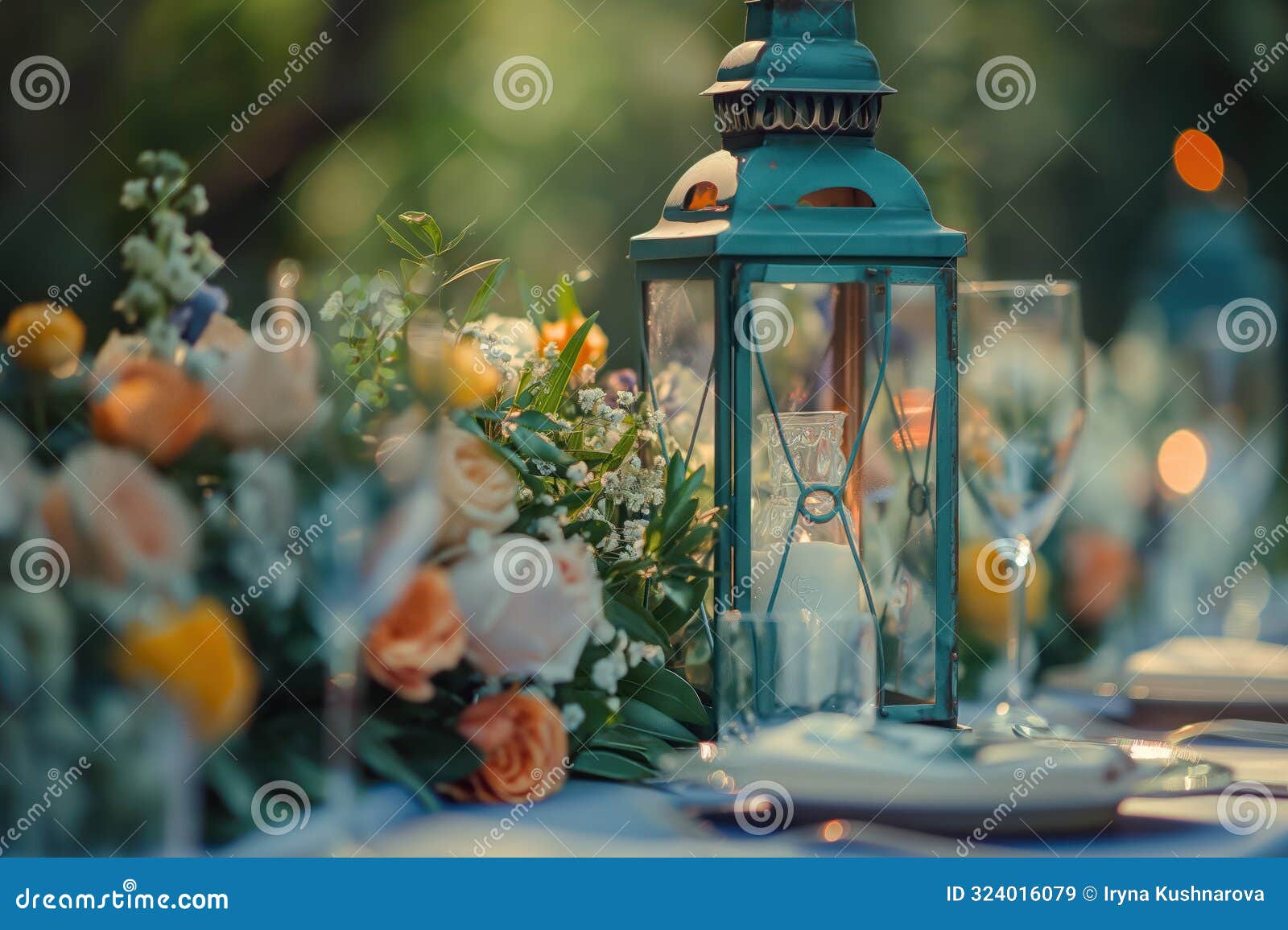 outdoor table setting with modern lantern and flowers. serene garden scene with wine glass, white tablecloth. festive occasion