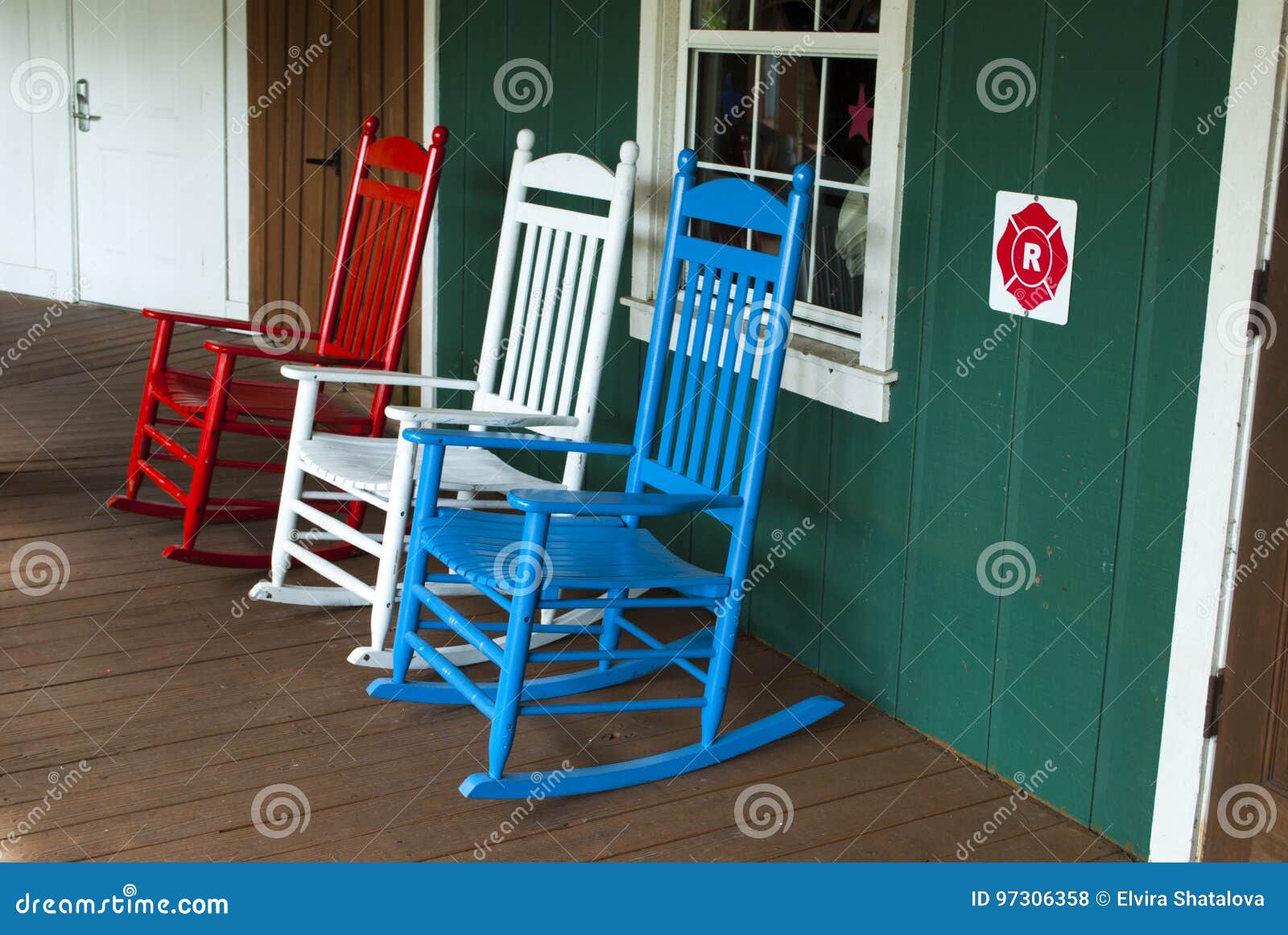 3 Outdoor Wooden Rocking Chairs In Red, White And Blue 