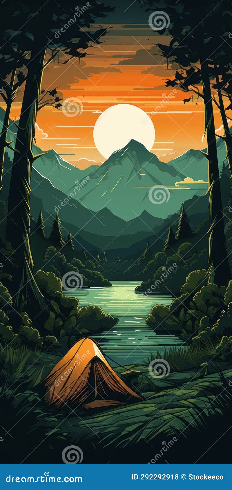 retrovirus camping poster: scenic jungle view in orange and cyan