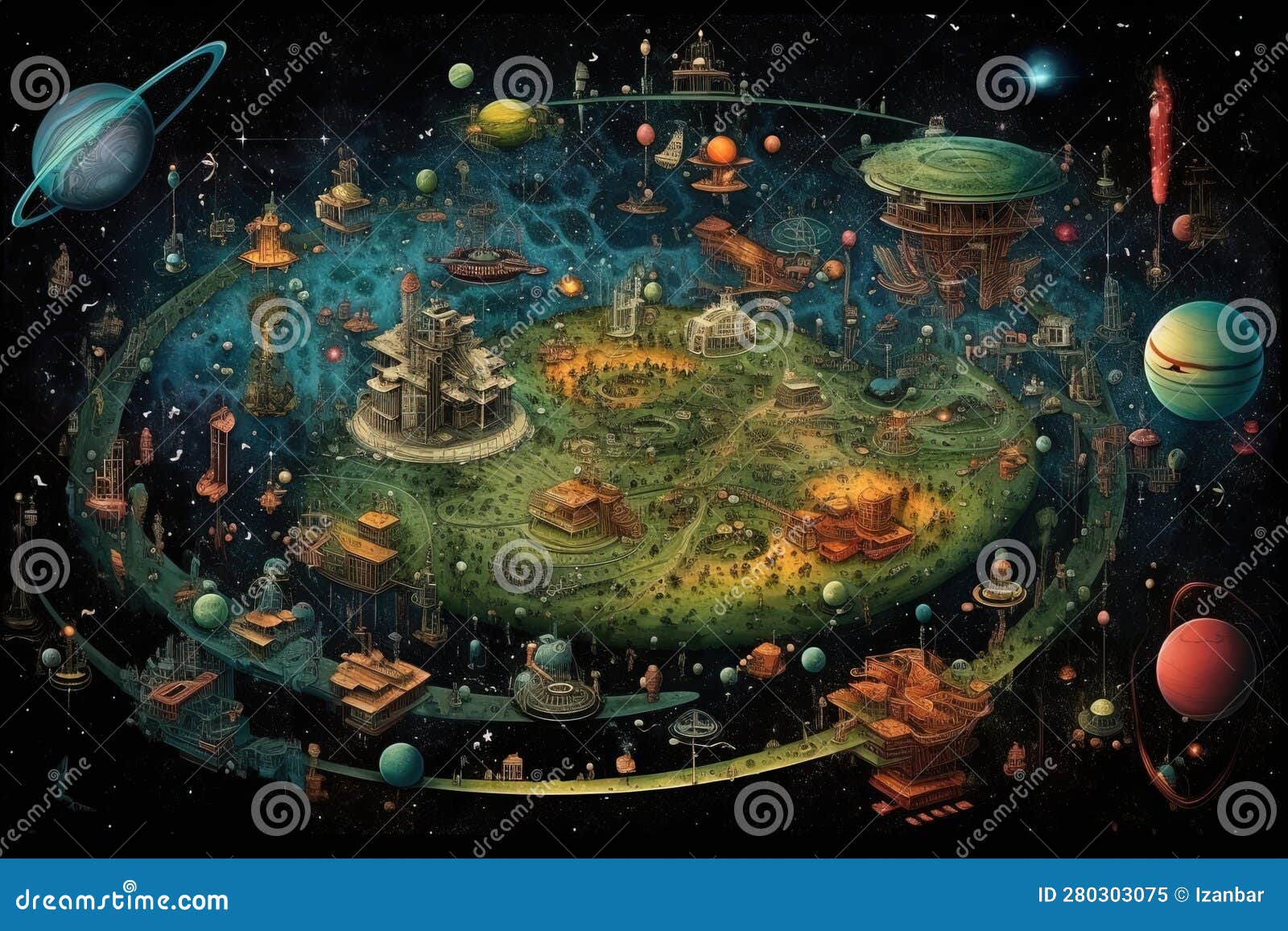Outer Space Map Made Out of Alien Stuff Illustration Generative Ai
