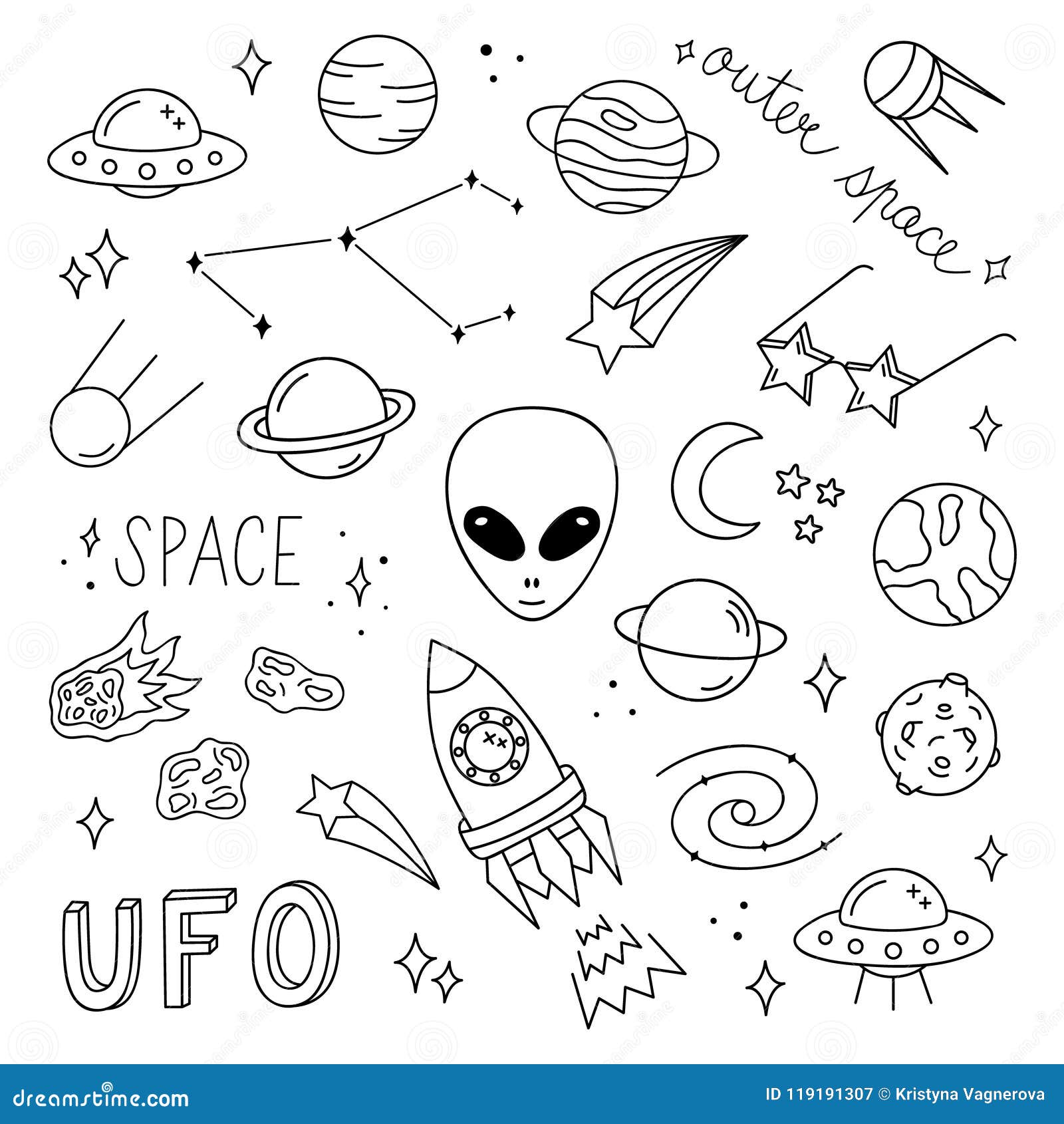 Cute Outer Space Vector Objects And Writings Stock Vector - Illustration of meteor, cosmos ...