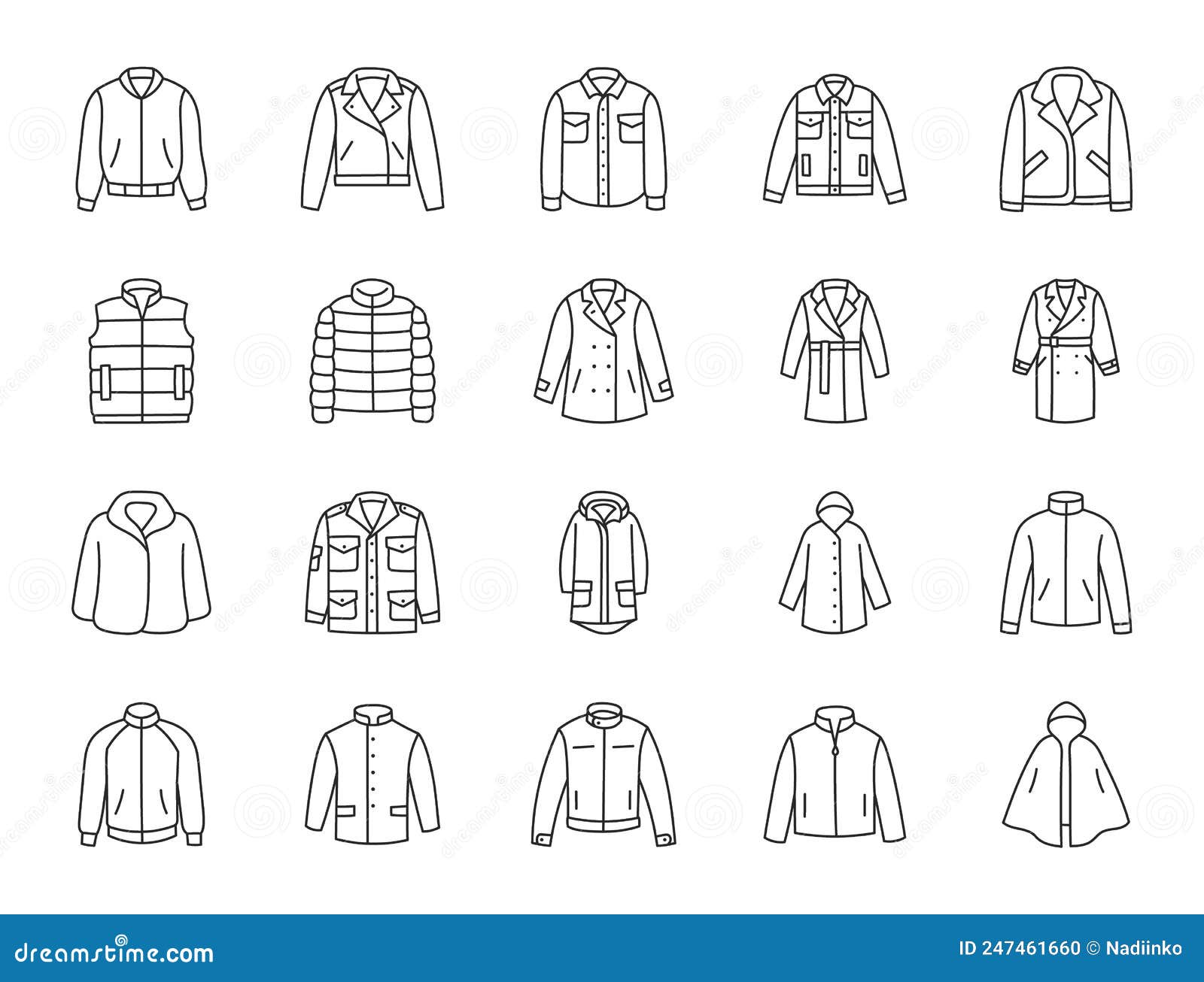 outerwear clothes doodle  including icons - waterproof raincoat, windbreaker, peacoat, parka, wind cheater