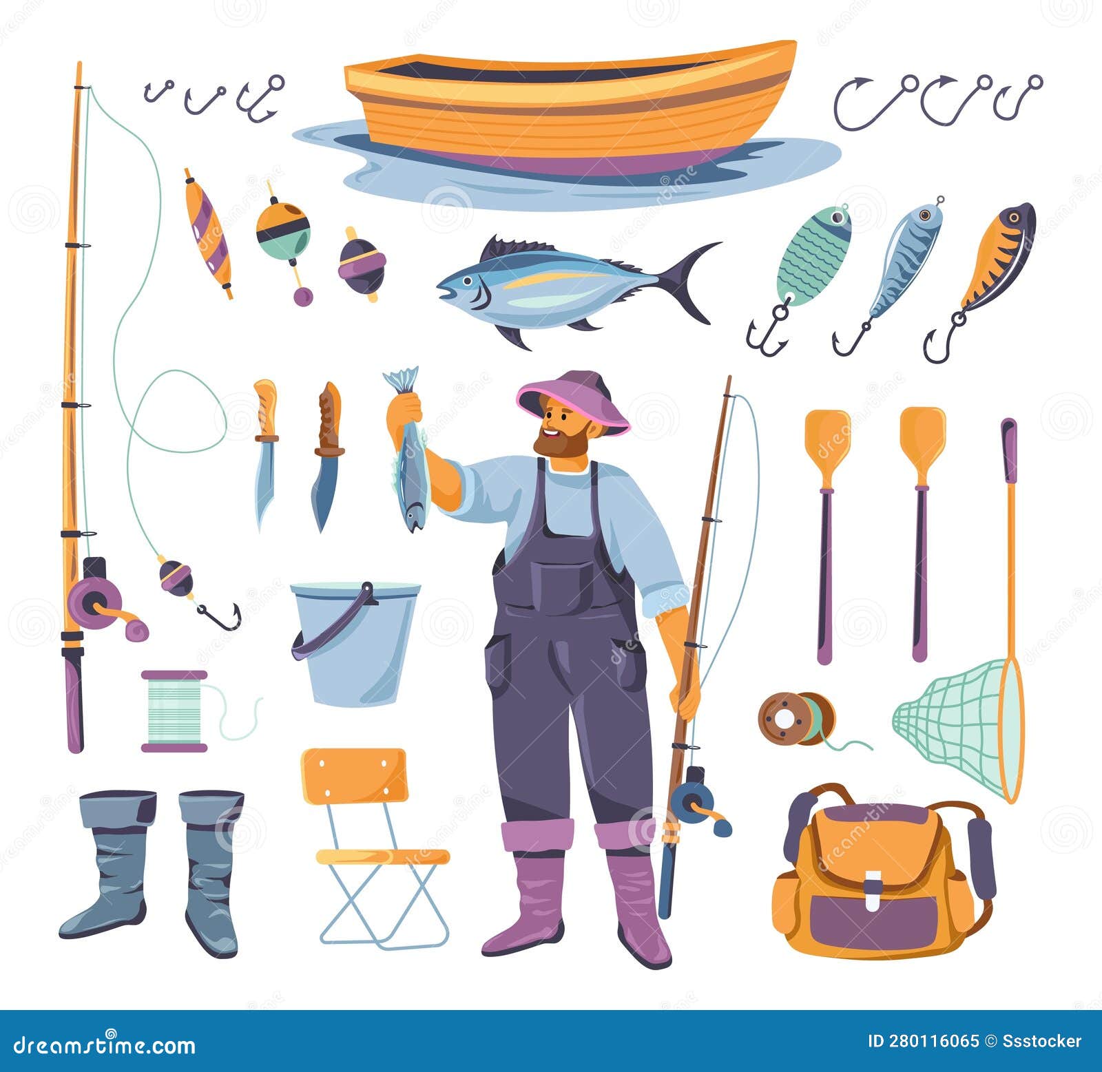 Outils De Pêche. Pêche Ouvrier équipement Succès Pêcheur Pêche Pêcheur  S'attaquer Pêcheur Uniforme Profession équipement Pêche Fil Illustration de  Vecteur - Illustration du attrait, crochet: 280116065