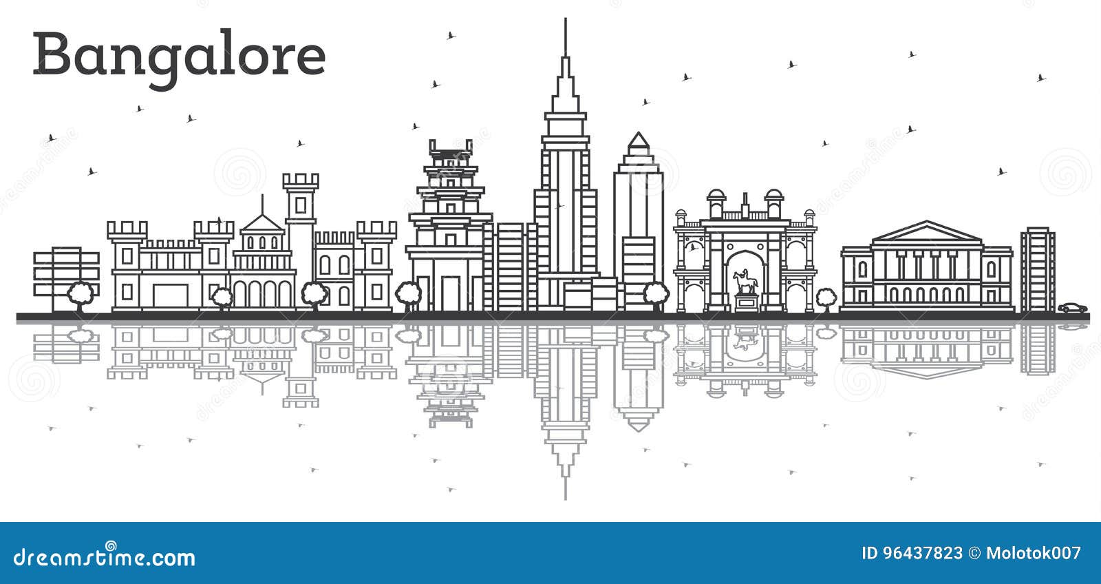 outline bangalore skyline with historic buildings and reflection
