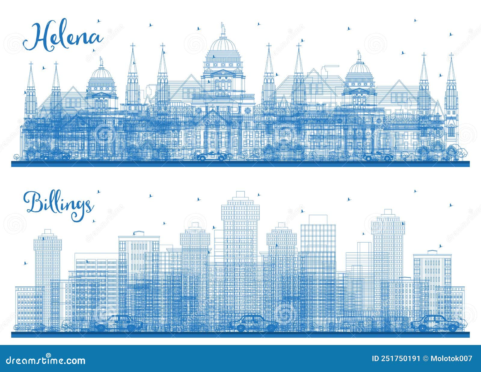 outline billings and helena montana city skyline set with blue buildings