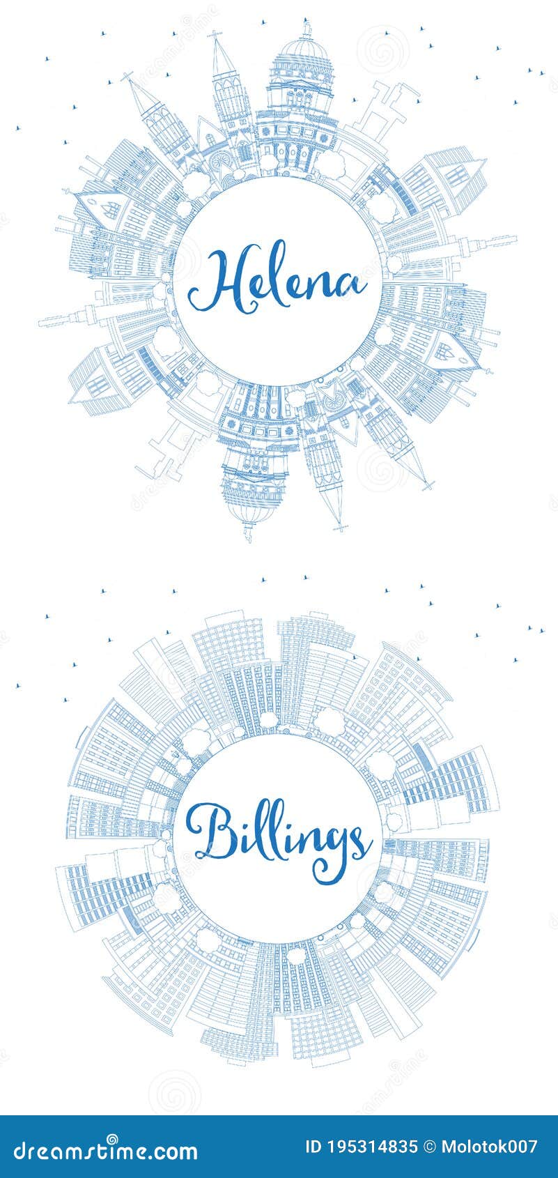 outline billings and helena montana city skylines set with blue buildings and copy space