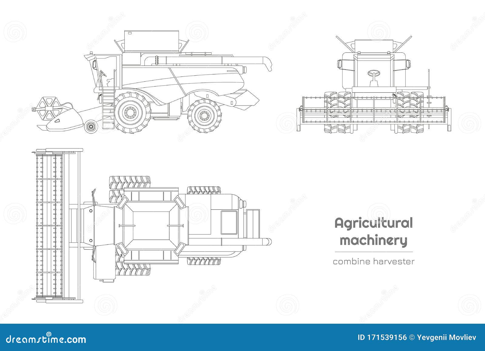 outline blueprint of combine harvester. side, front and top view of agriculture machinery. industry  drawing