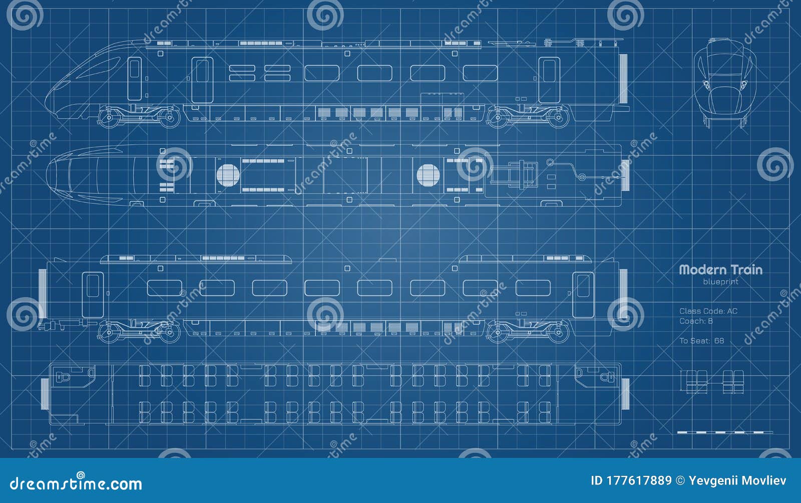 outline blueprint of modern train. side, top and front views. contour locomotive. railway vehicle. railroad transport