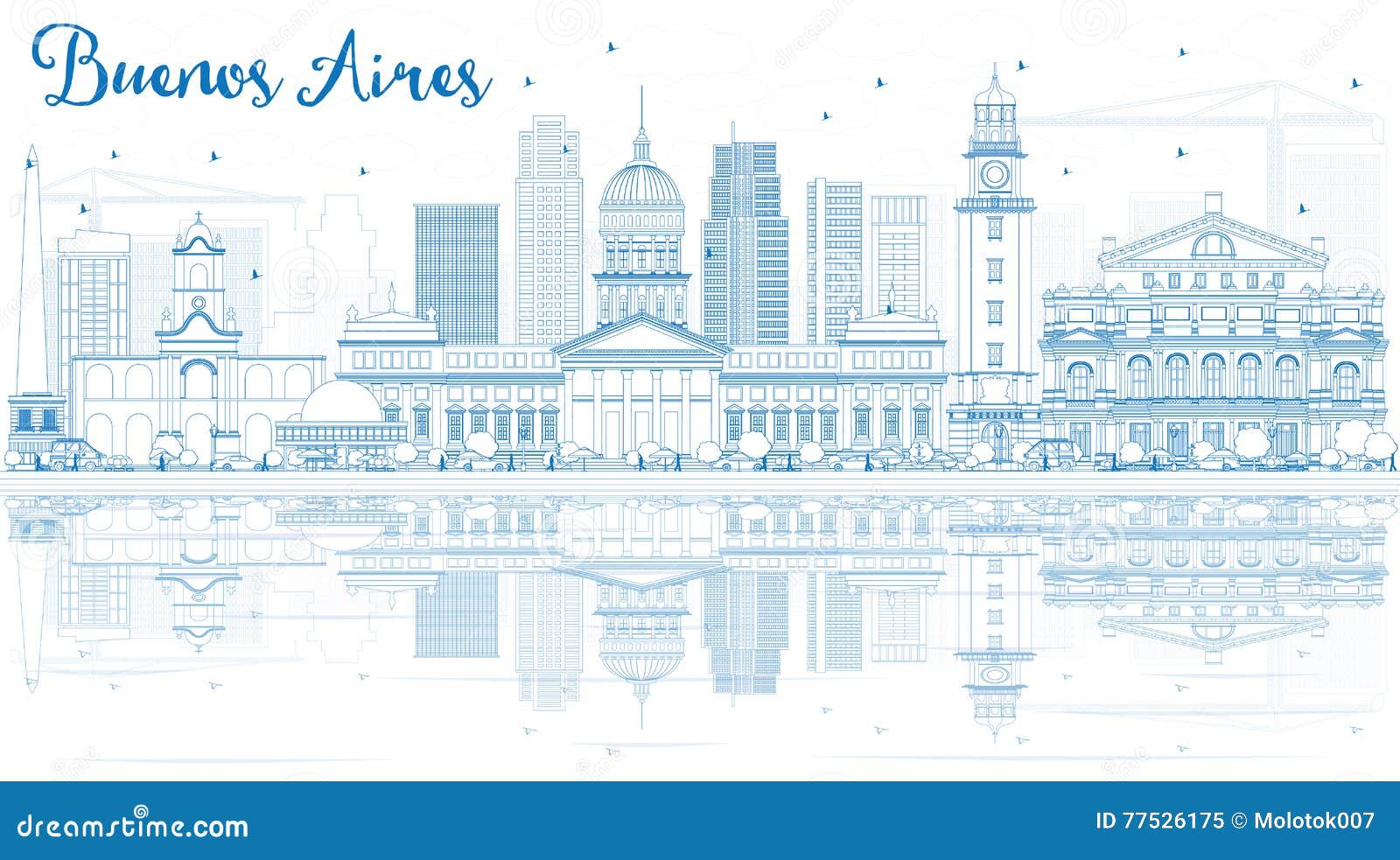 outline buenos aires skyline with blue landmarks and reflections