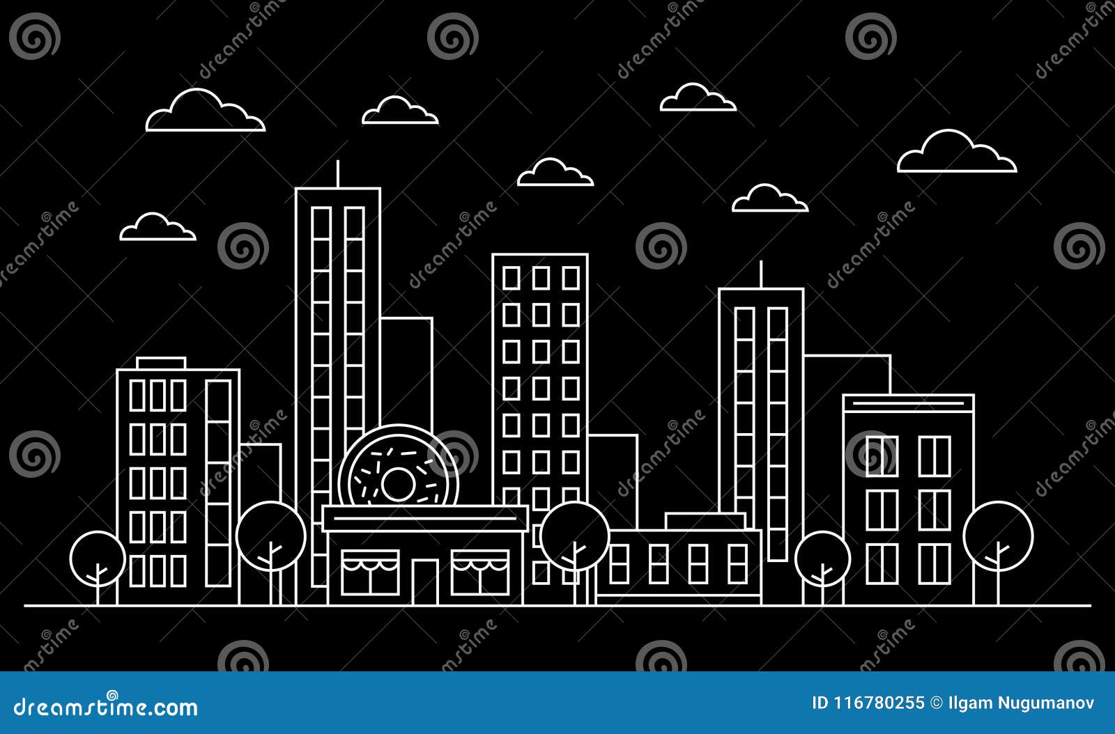 Outline City Skyline Landscape Facade Concept with Buildings ...