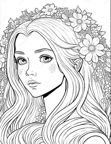 Outline Digital Drawing, Cartoon Girl Teenager Face, Printable Line Art ...