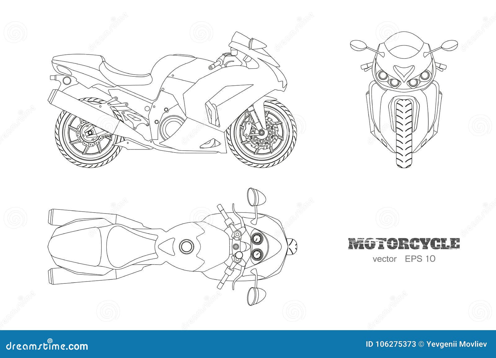 Outline Drawing Of Motorcycle. Side, Top And Front View. Detailed