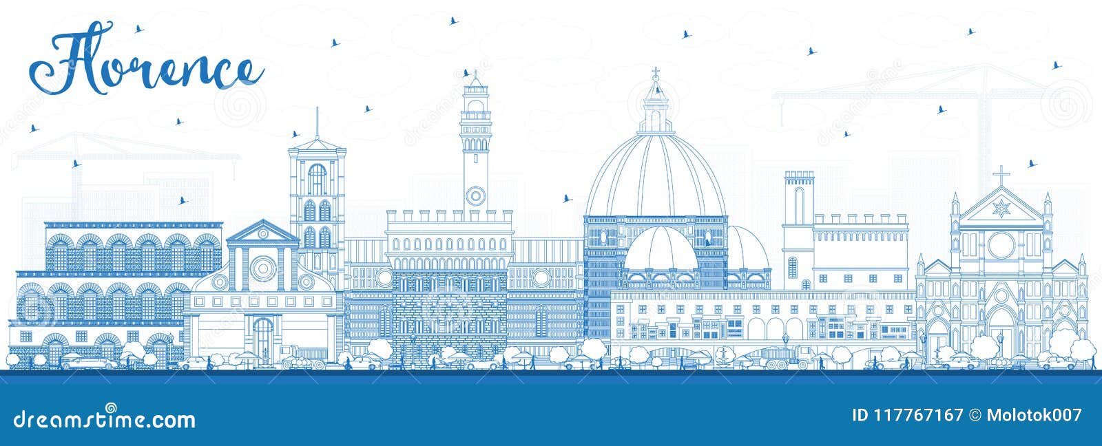 outline florence italy city skyline with blue buildings.