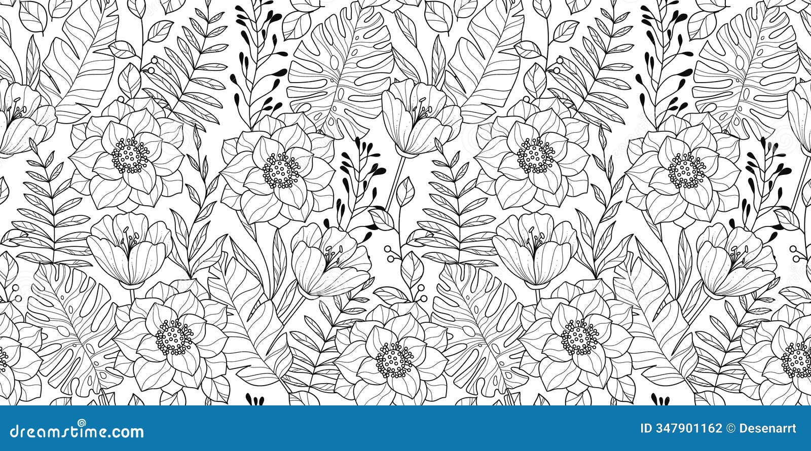 outline flower seamless pattern with beautiful hand drawn botanicals. elegant cute plants. nature delicate floral