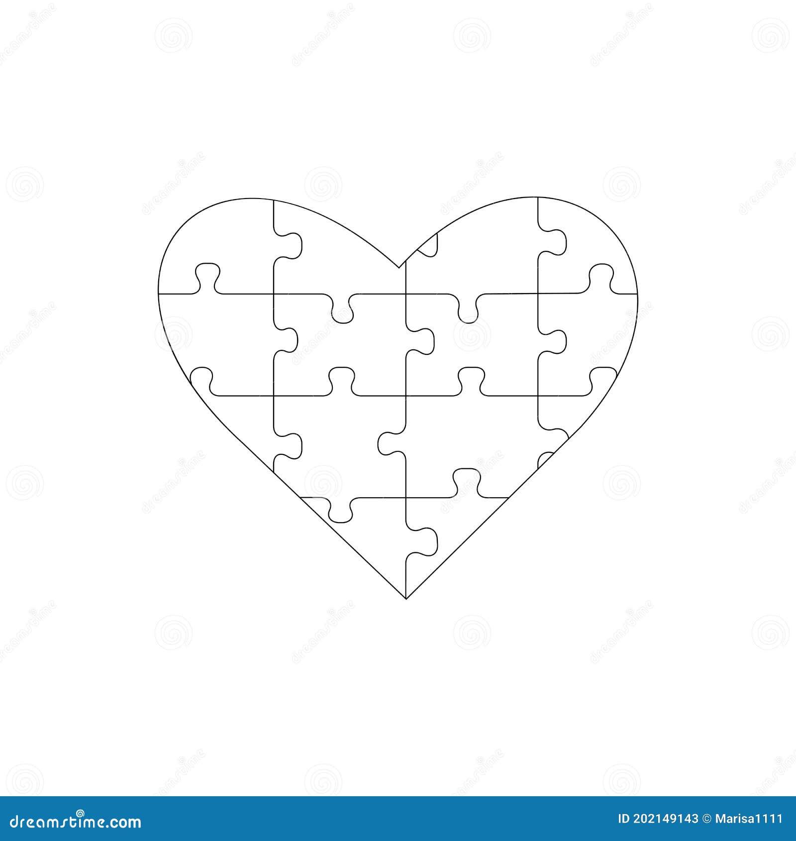 Outline Heart with Puzzle Pieces Inside, Isolated on White Background