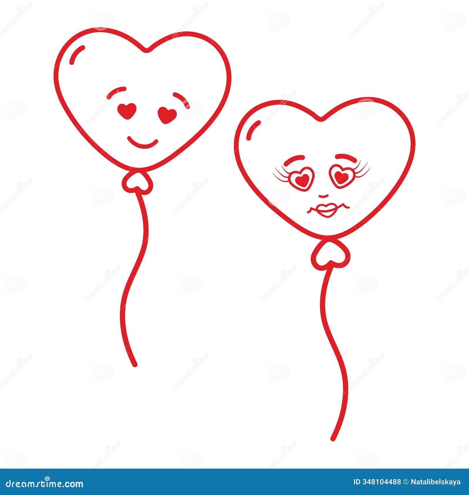 outline heart d balloons with smiley face on string in trendy red. valentine day  
