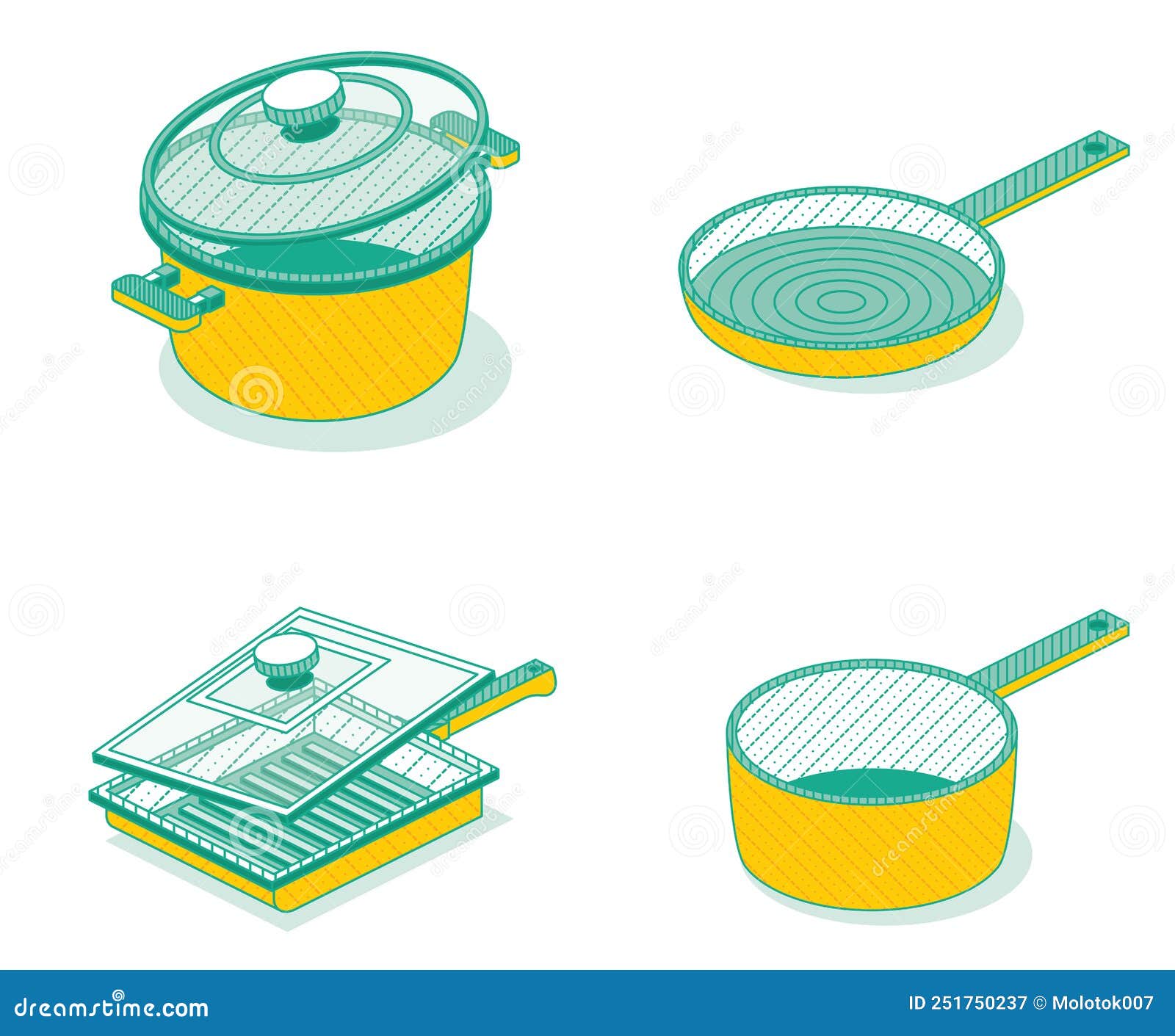Outline Isometric Grill Pan, Saucepan with Lid Isolated on White