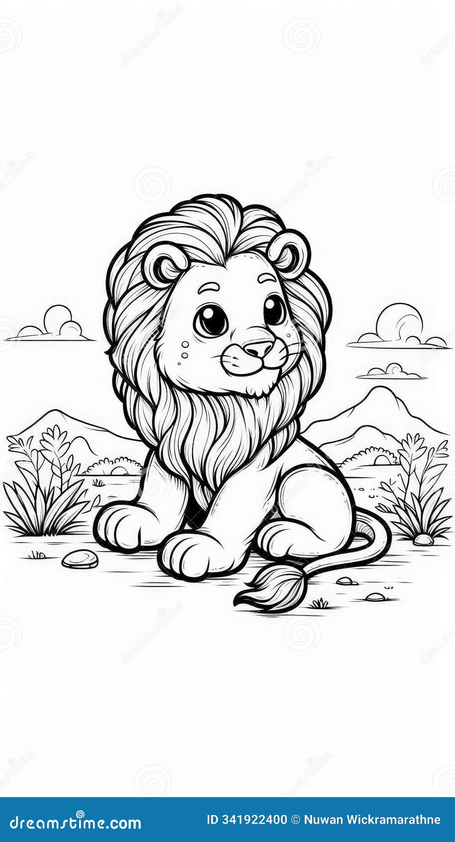 outline of a lion sitting on a white background in coloring book style 