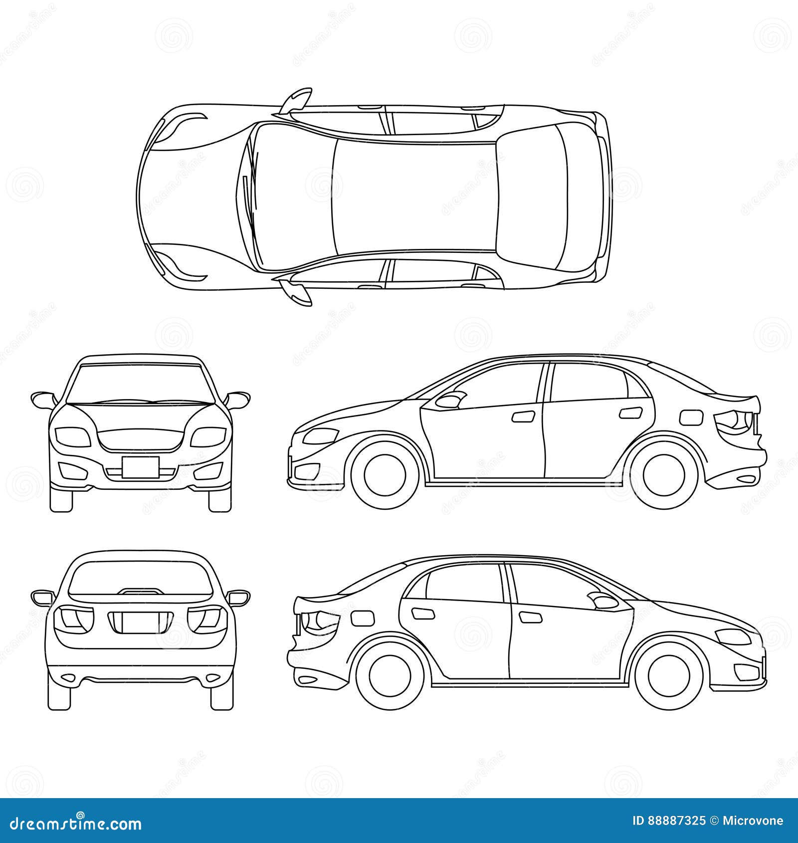 outline sedan car  drawing in different point of view