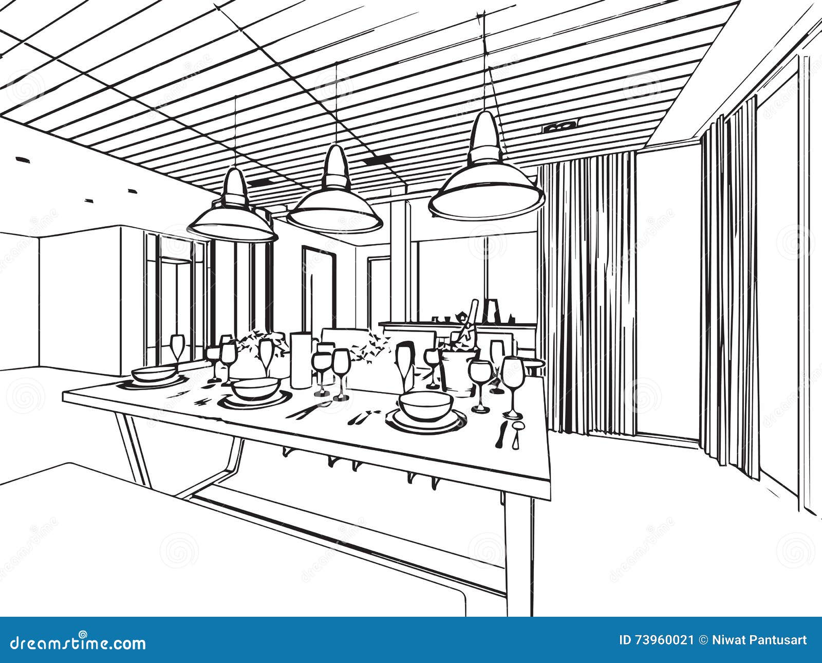 Outline Sketch Drawing Interior Perspective Of House Stock