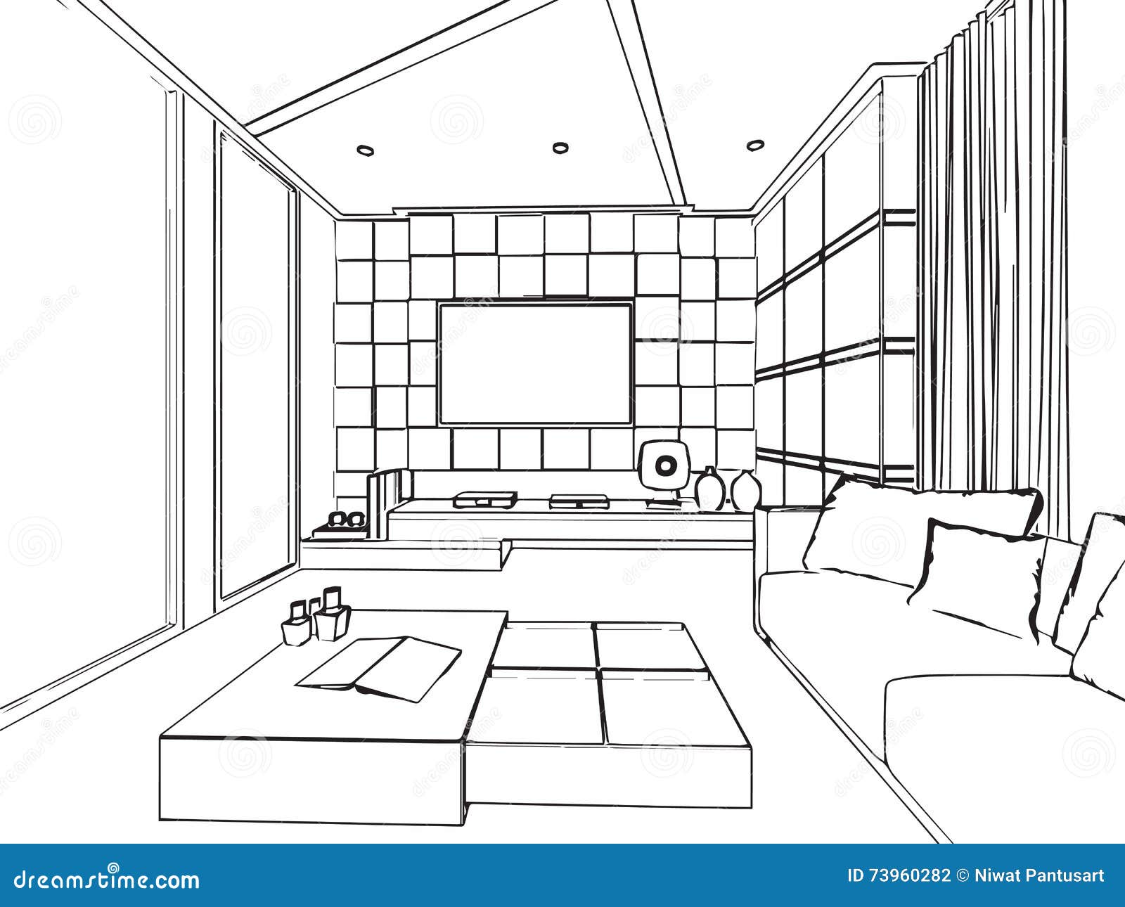 Outline Sketch Drawing Interior Perspective Of House Stock
