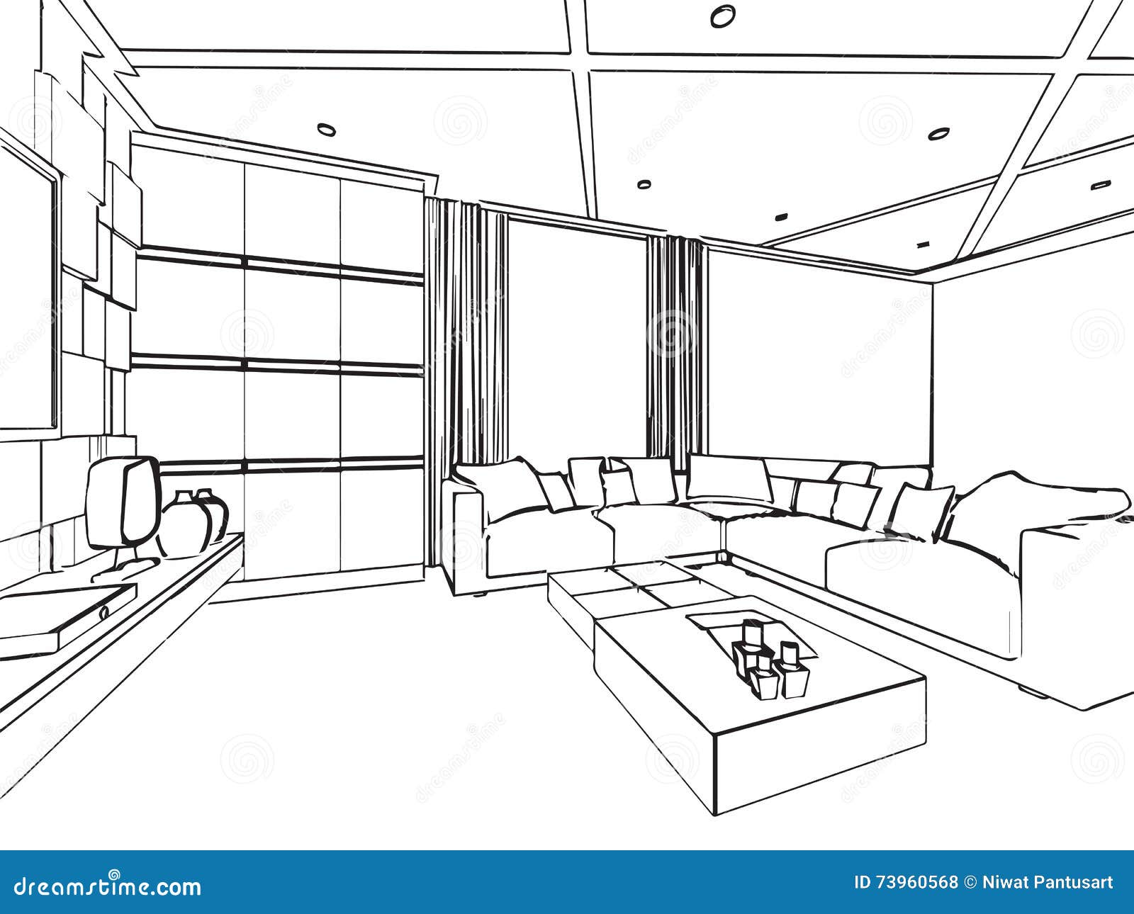 Outline Sketch Drawing Interior Perspective Of House Stock