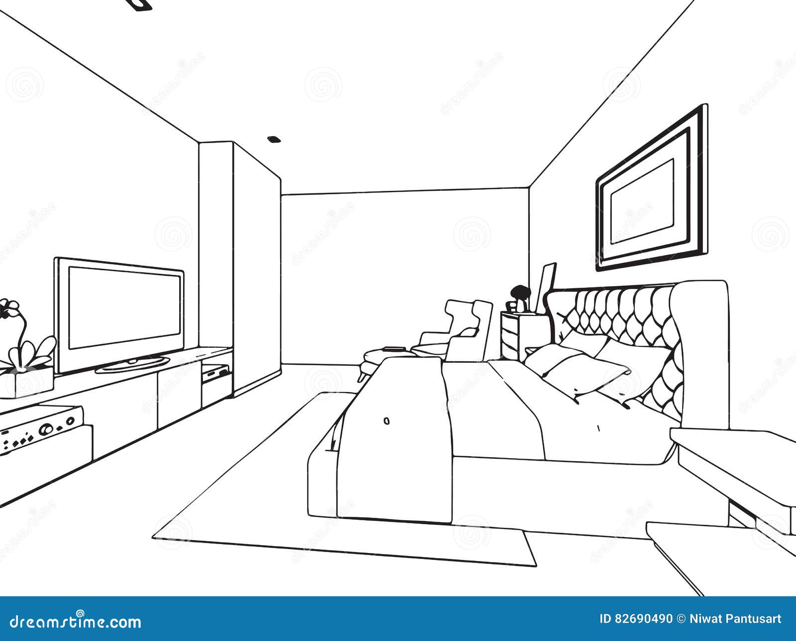 Outline Sketch Drawing Interior Perspective Of House Stock