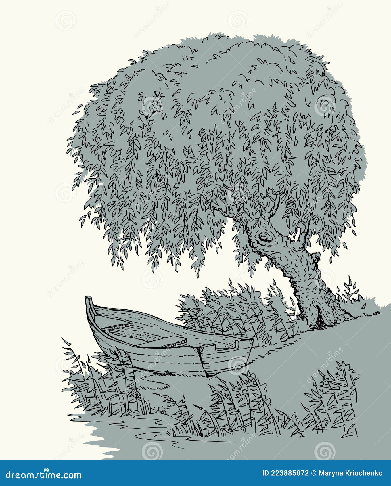 Vector Drawing. Old Boat on the Lake Under the Branches of a Willow Stock Vector - Illustration of hobby, relax: 223885072 Vector Drawing. Old Boat on the Lake Under the Branches of a Willow Stock Vector - Illustration of hobby, relax: 223885072