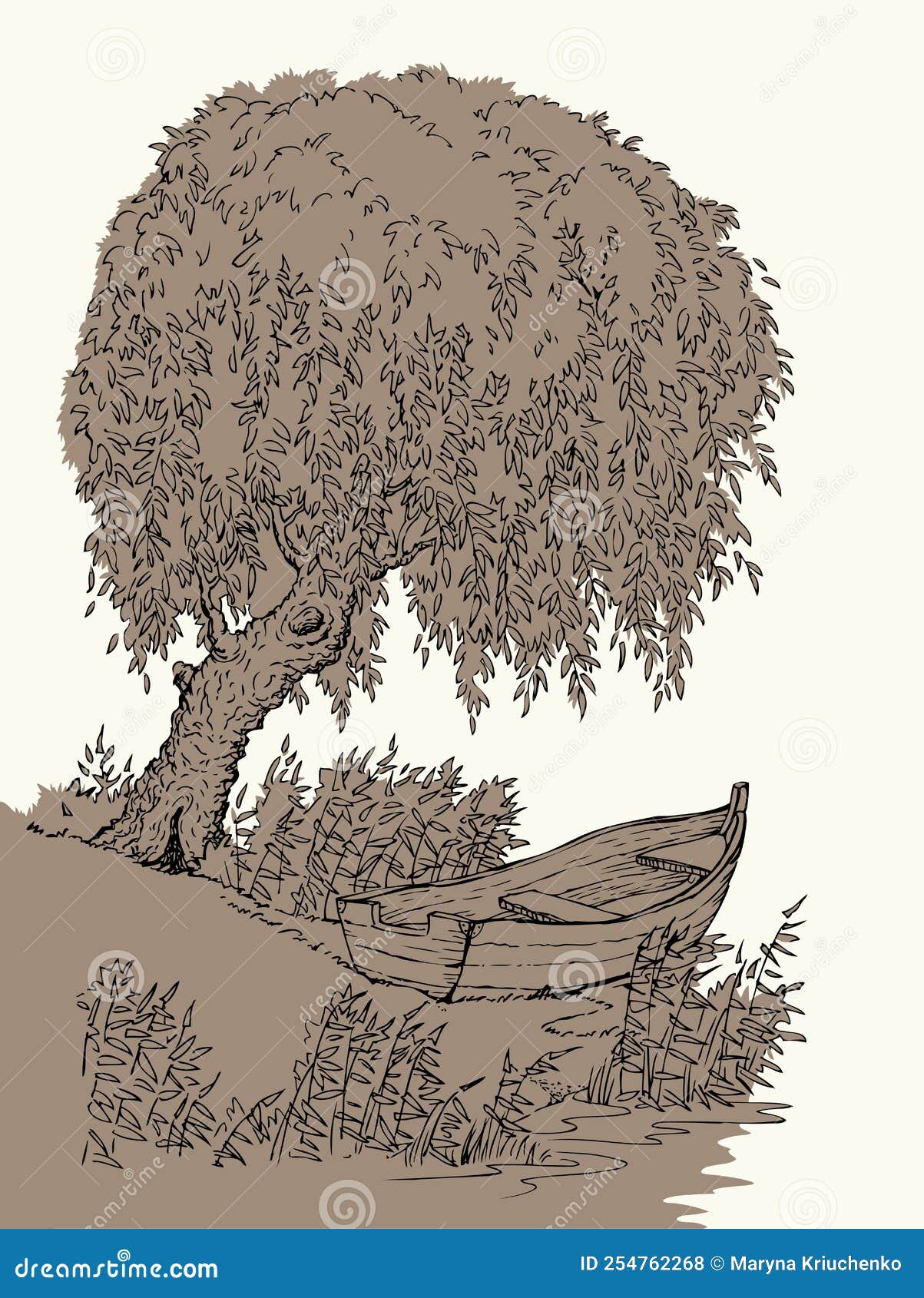 Vector Drawing. Old Boat on the Lake Under the Branches of a Willow Stock  Vector - Illustration of coast, fishing: 254762268