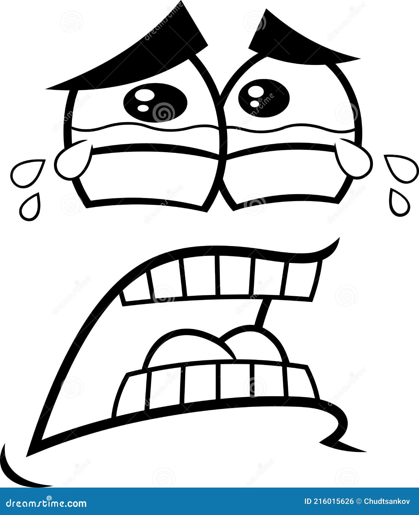 Outlined Crying Cartoon Funny Face with Tears and Expression Stock