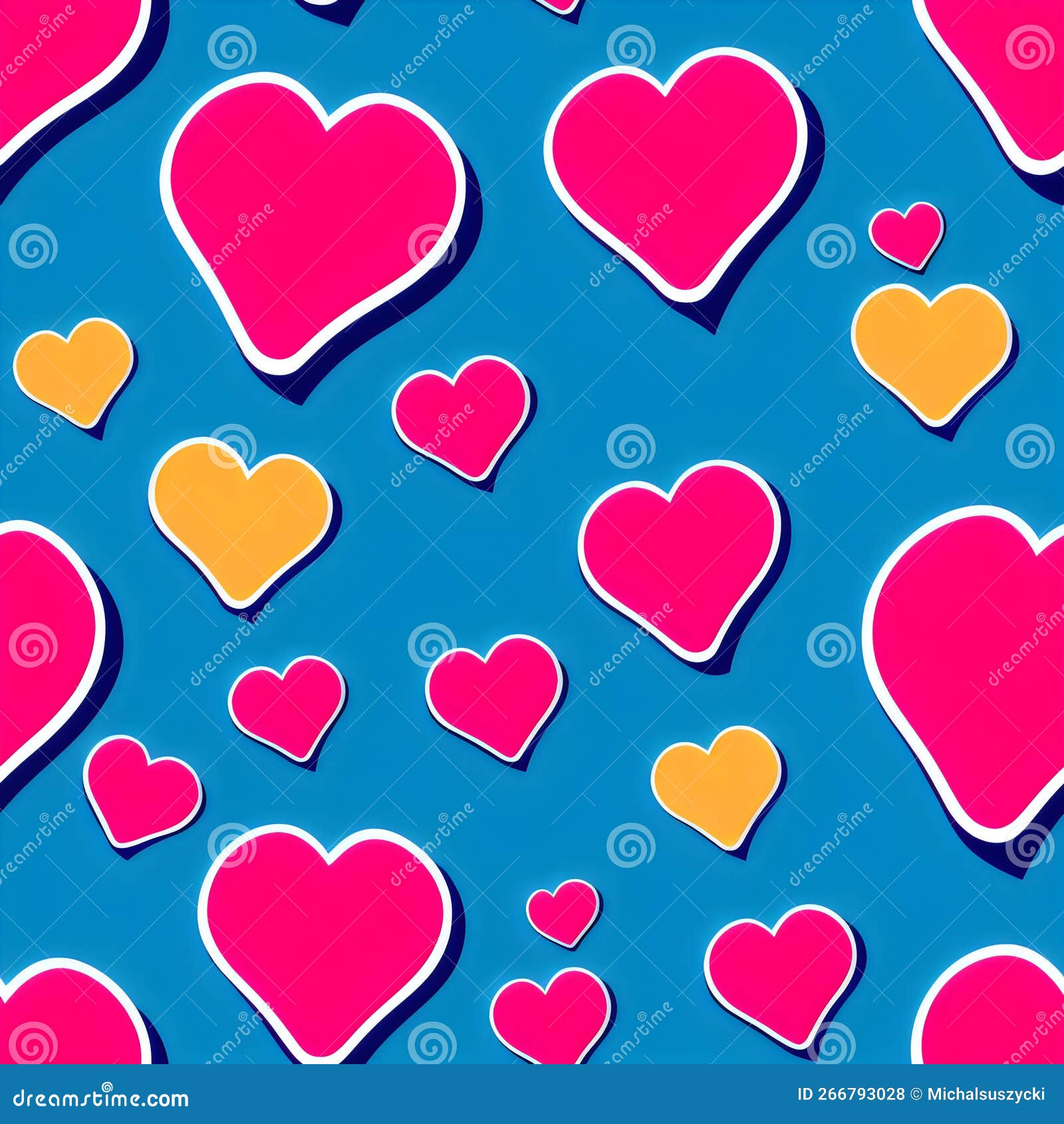 Outlined Hand Drawn Red and Yellow Hearts, Seamless Hearts Pattern