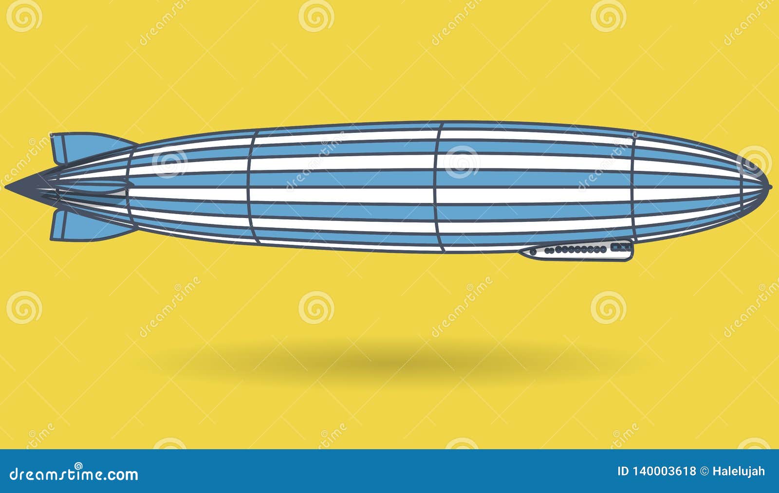 outlined huge zeppelin airship filled with hydrogen. blue yellow stylized flying balloon. big dirigible, propellers and rudder. lo