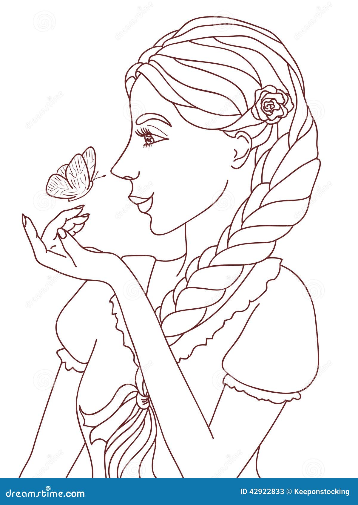 Outlined Illustration Of A Pretty Smiling Girl With A 