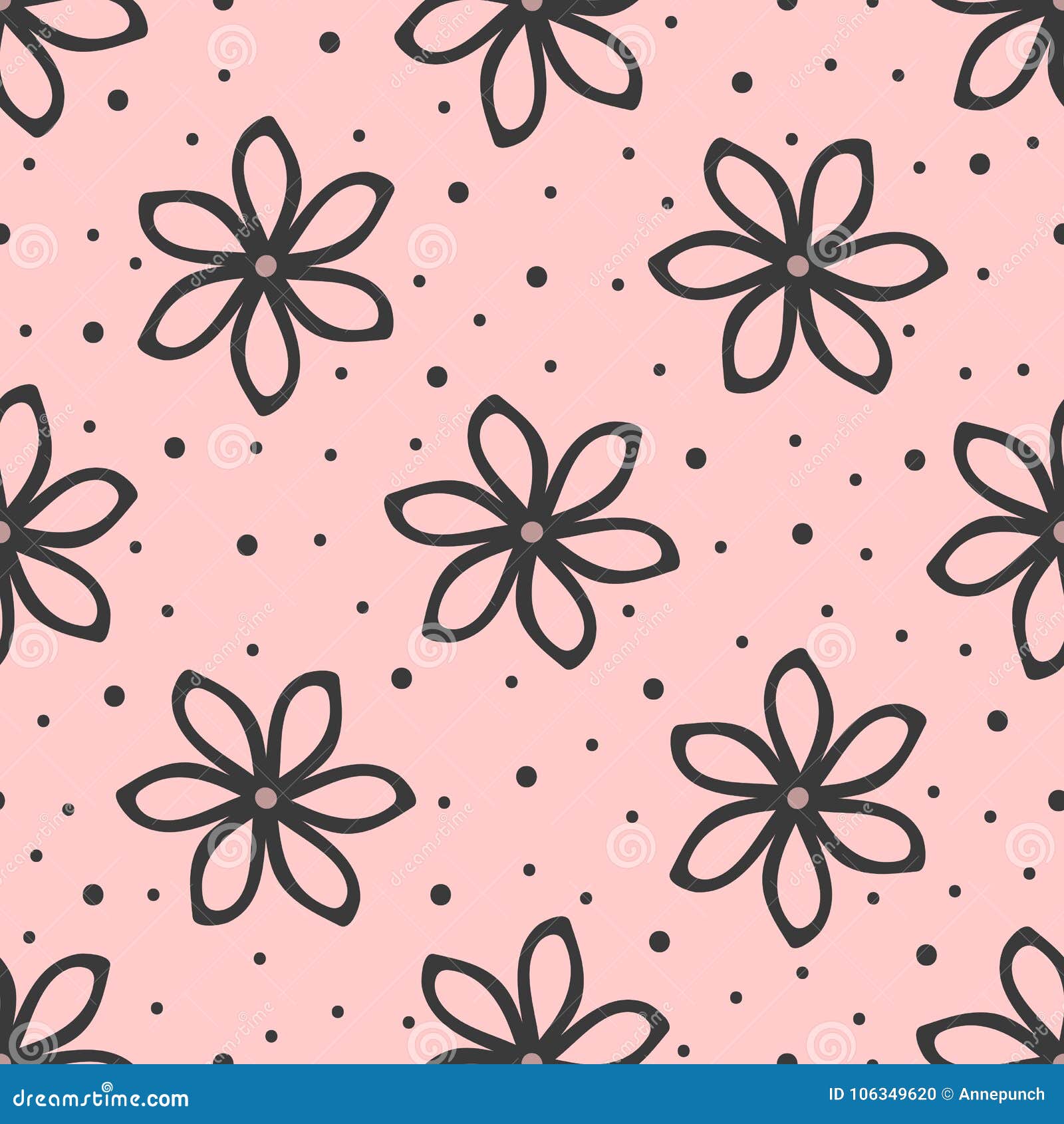 outlines of flowers and polka dot. simple floral seamless pattern.
