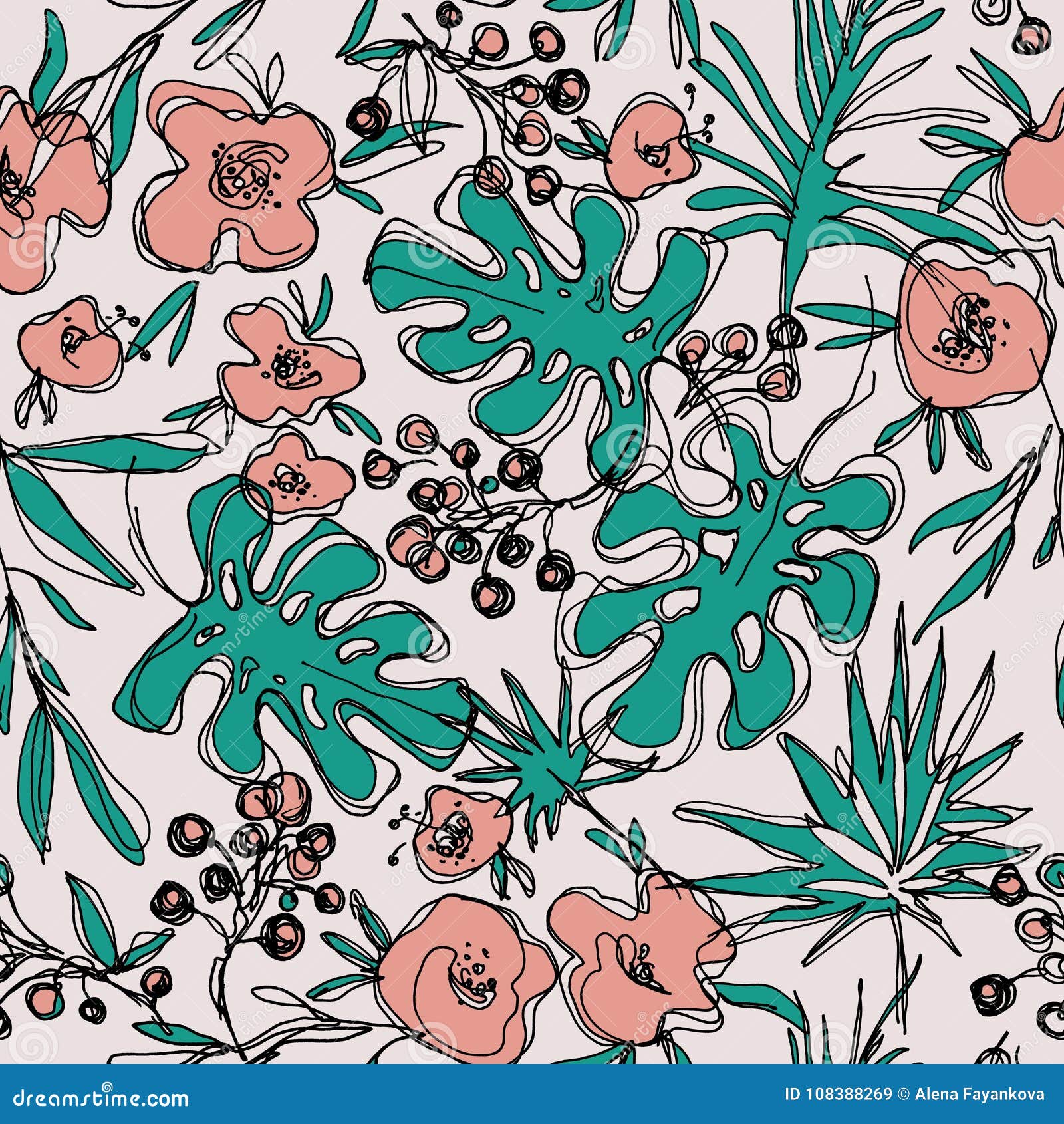 outlines jungle flowers seamless pattern. hand-drawn botanical .