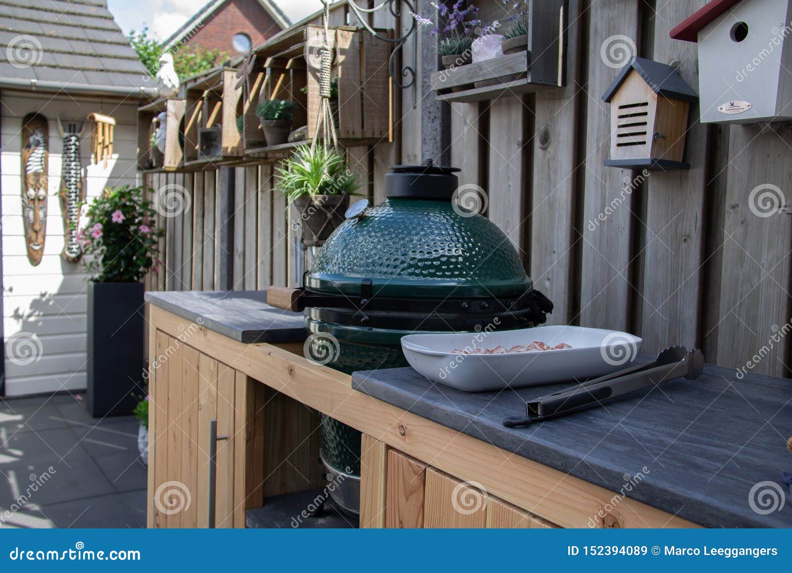 Outside Kitchen with Green BBQ Egg and Grill Stock Image Image of