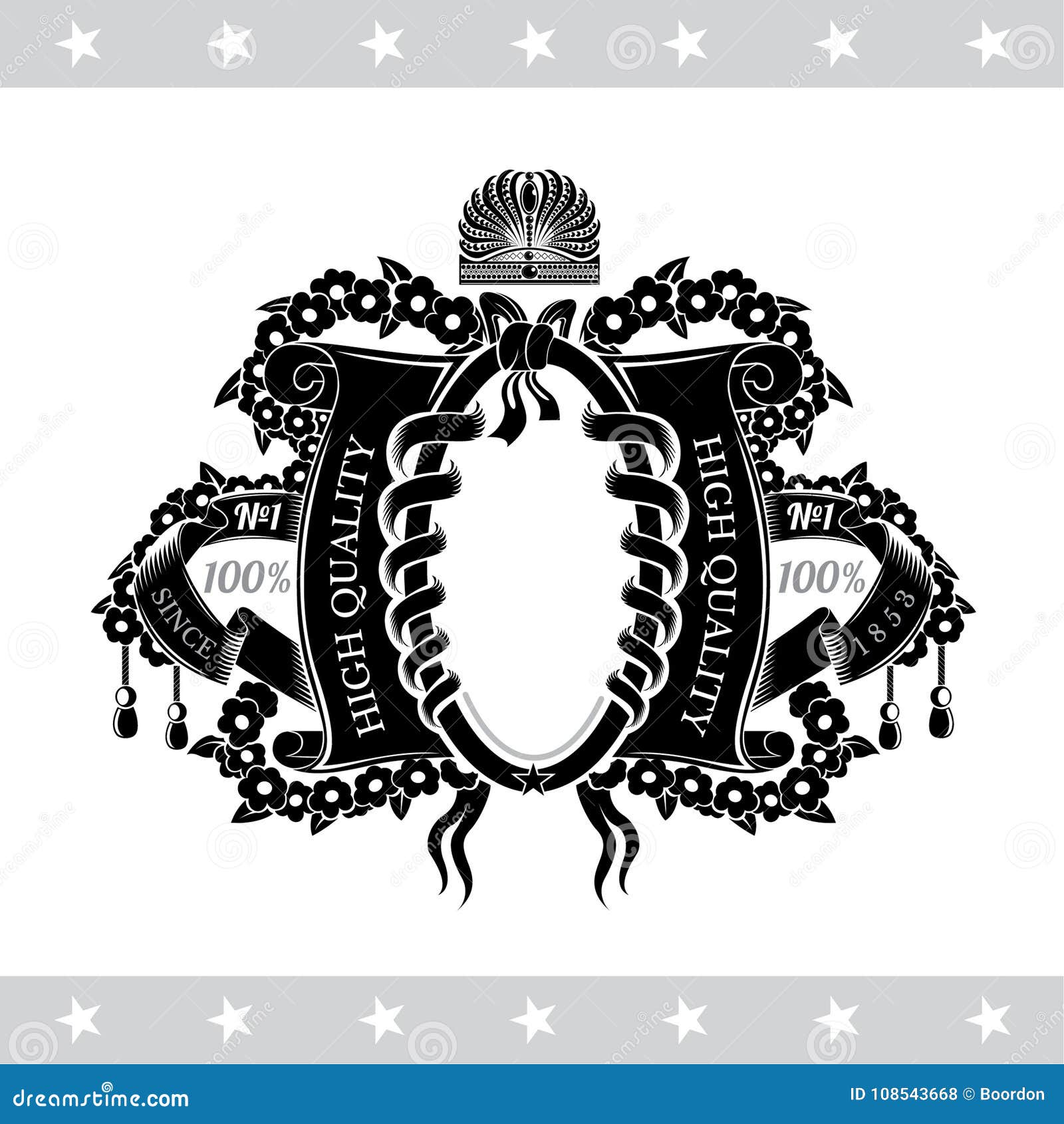 oval frame between open scroll, flower wreath and winding ribbon on white