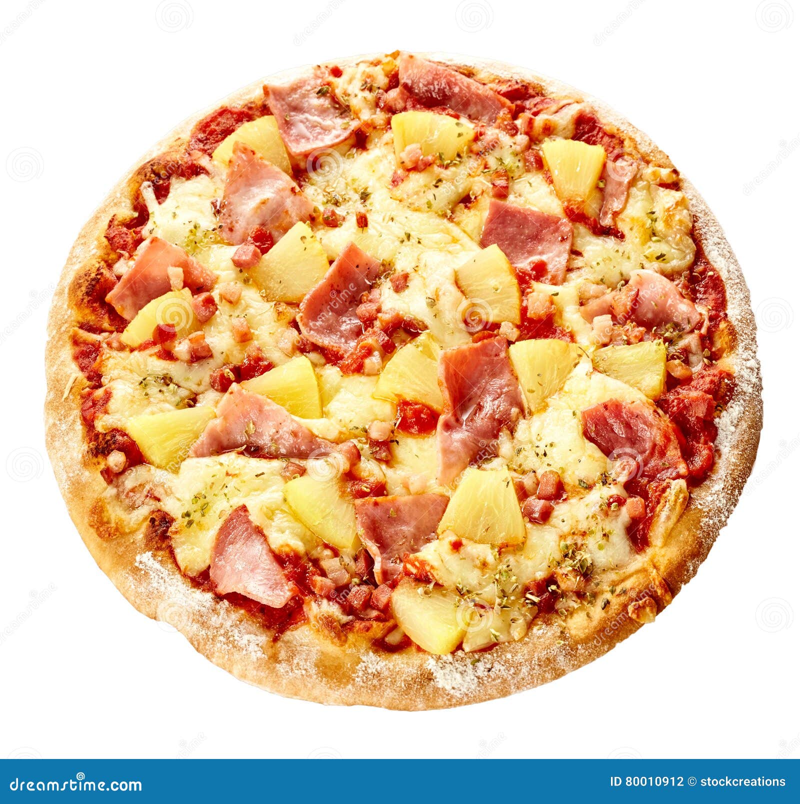 Oven-baked delicious Italian Hawaiian pizza with tropical pineapple and ham topping on mozzarella cheese isolated on white