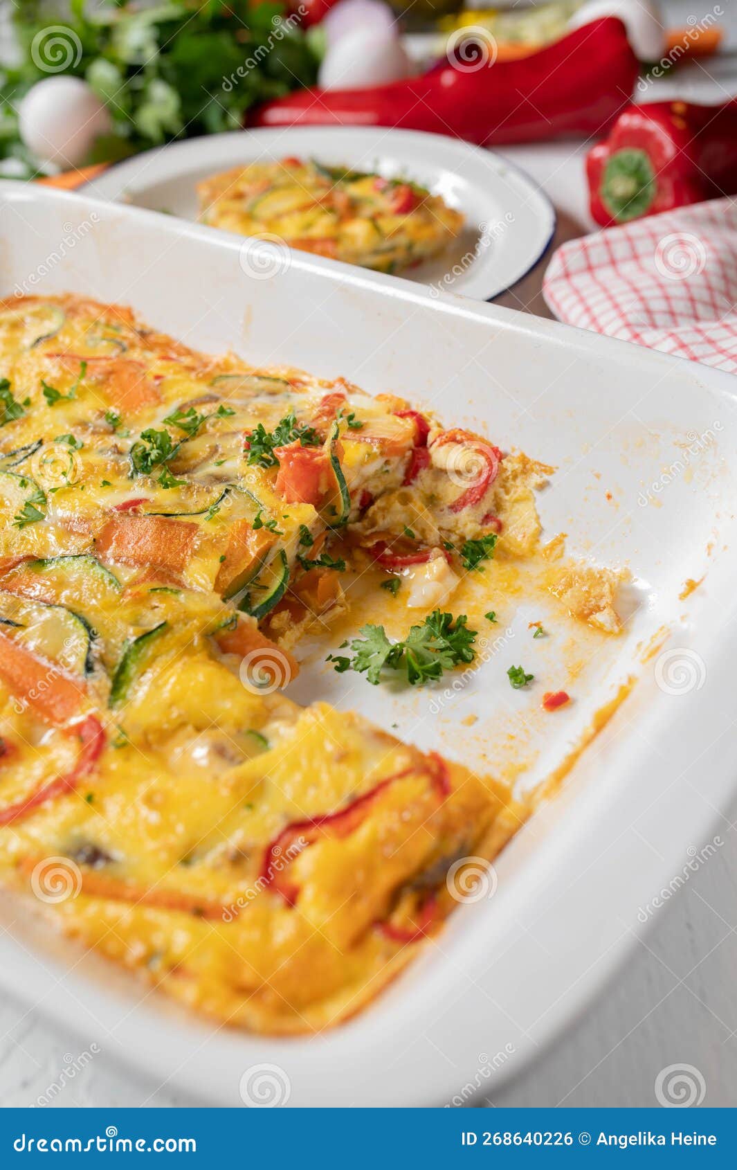 Oven Baked Frittata with Mediterranean Vegetables in a White Baking