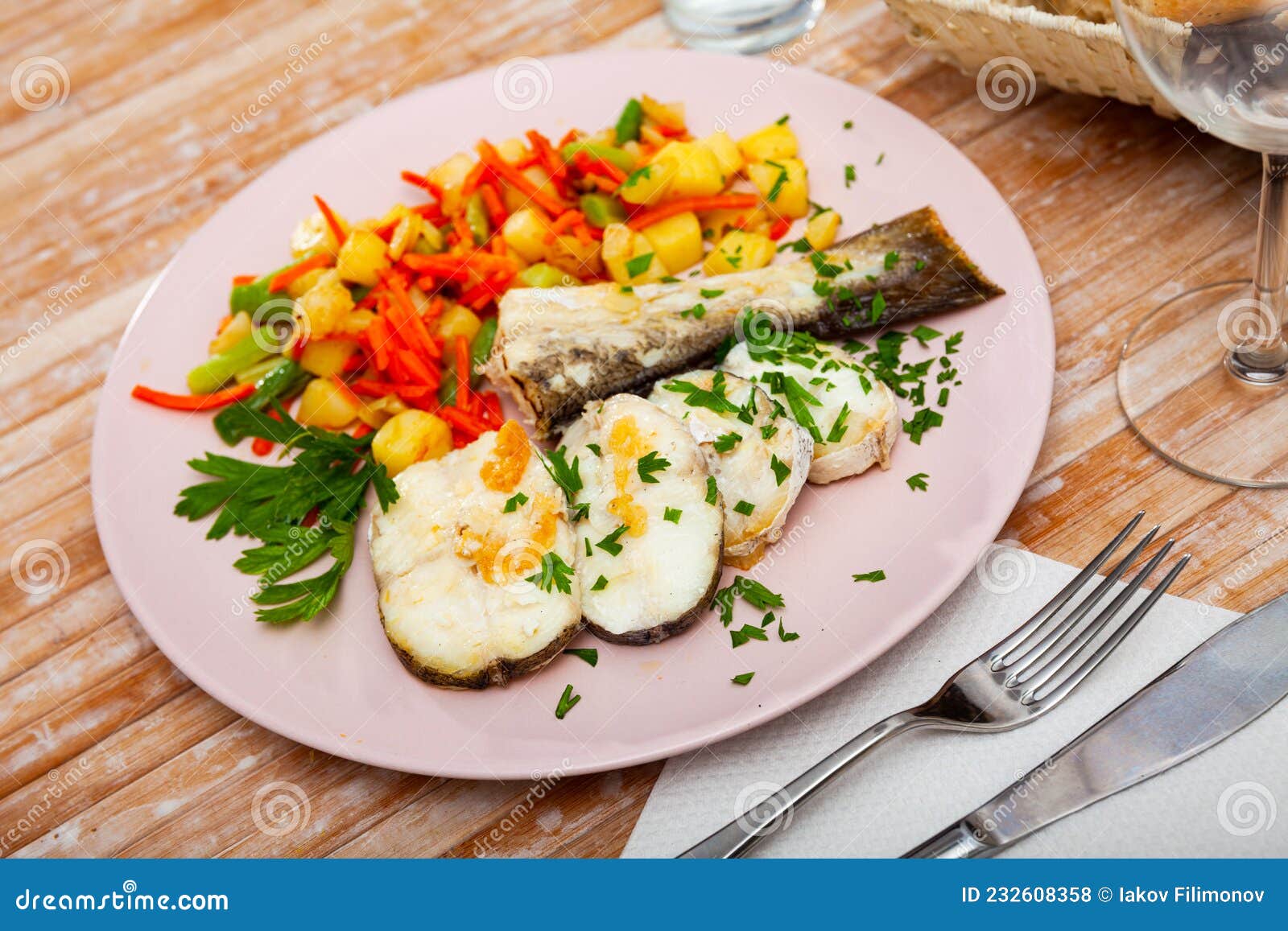 Oven Baked Hake with Vegetable Garnish Stock Photo - Image of pollock ...