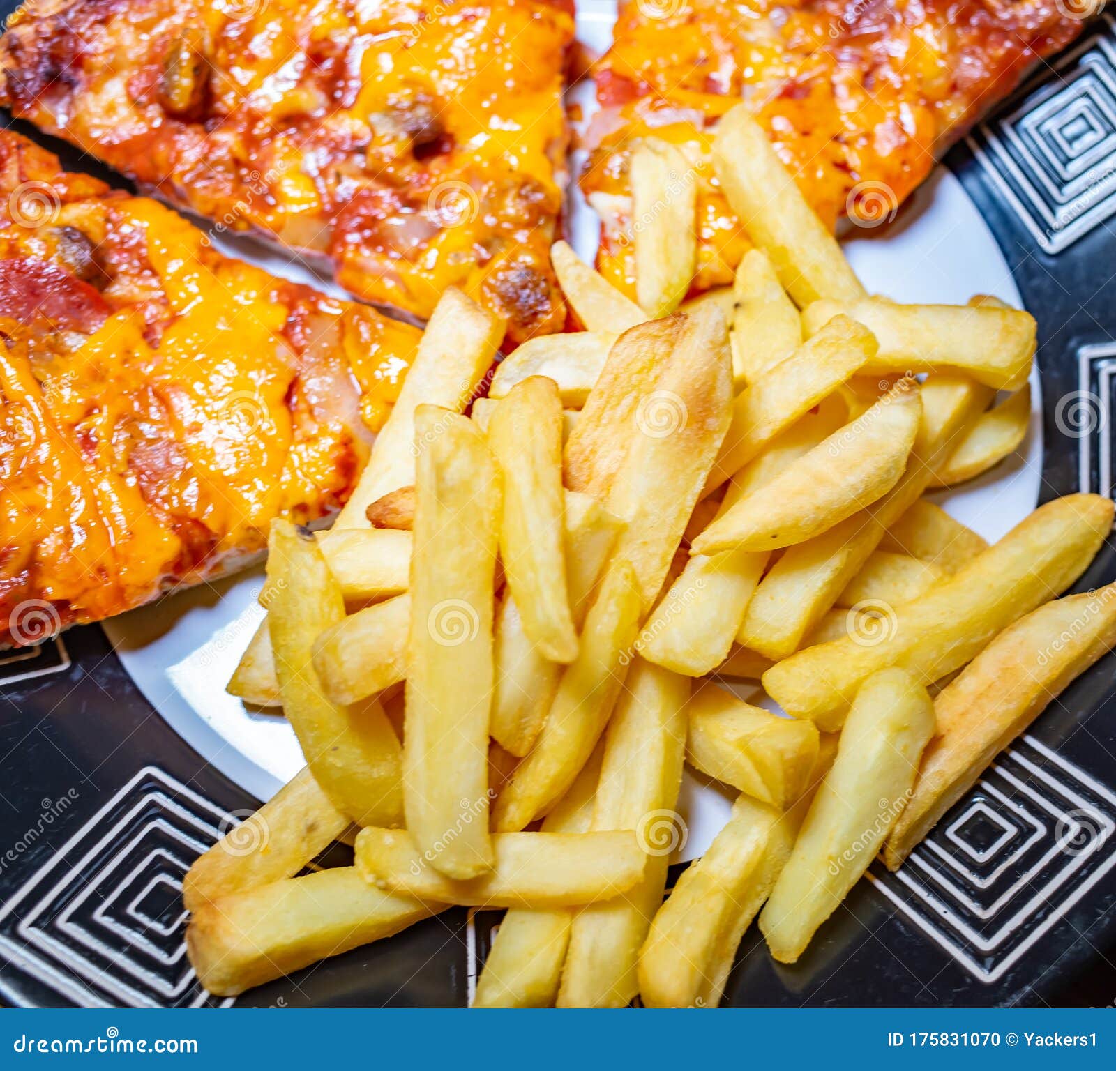 Cheese and Tomato Pizza and Oven Chips on a Plate Stock Photo Image