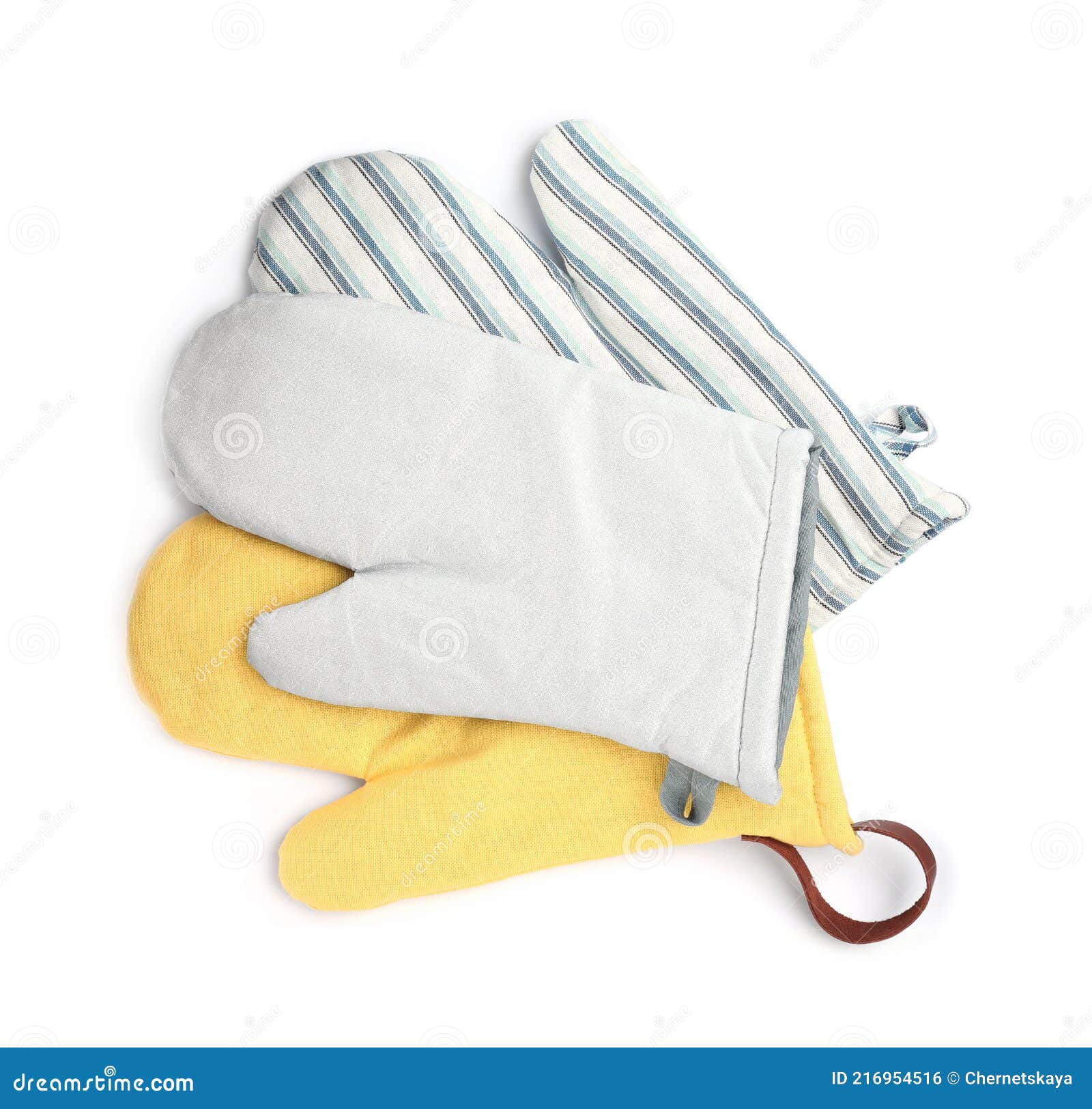 Oven Gloves for Hot Dishes on White Background, Top View Stock Photo