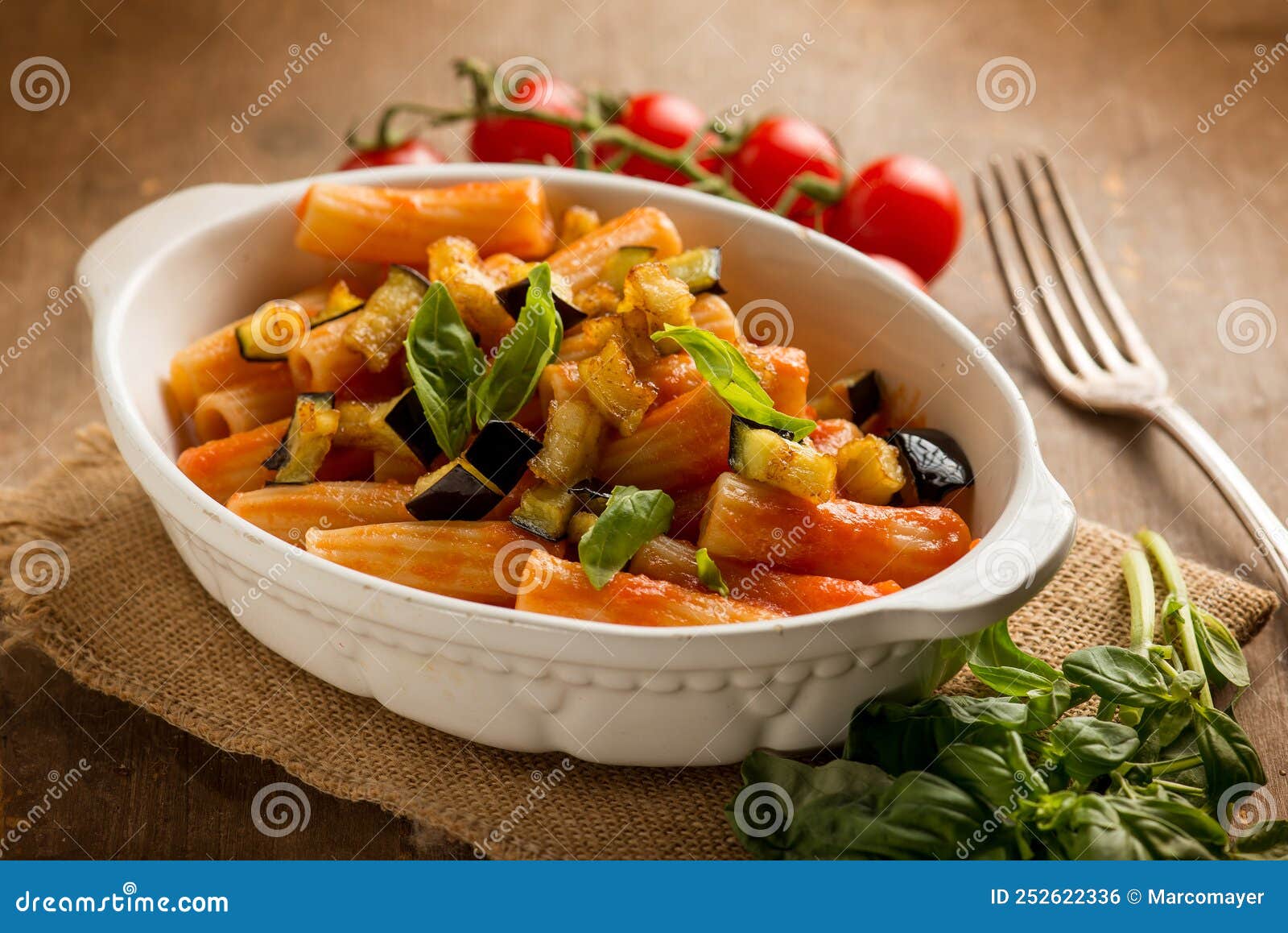 Oven pasta with eggplants stock photo. Image of pine 252622336