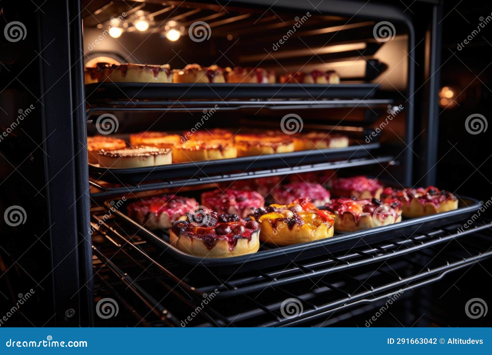 Oven View of Cakes Baking with Heat Settings Evident Stock Illustration