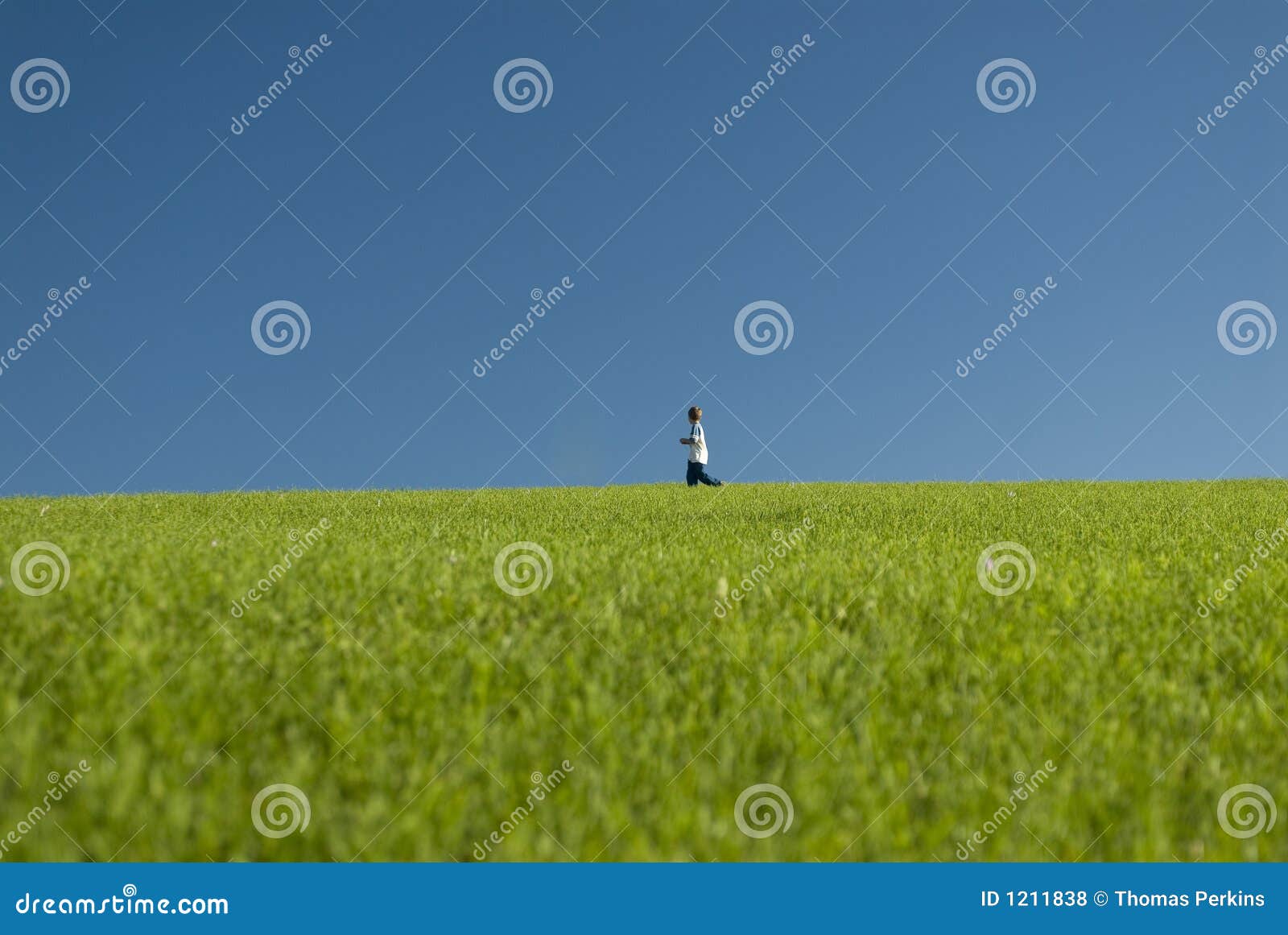 Over de weide. Een jonge jongen loopt over een open weide met een heldere blauwe hemel