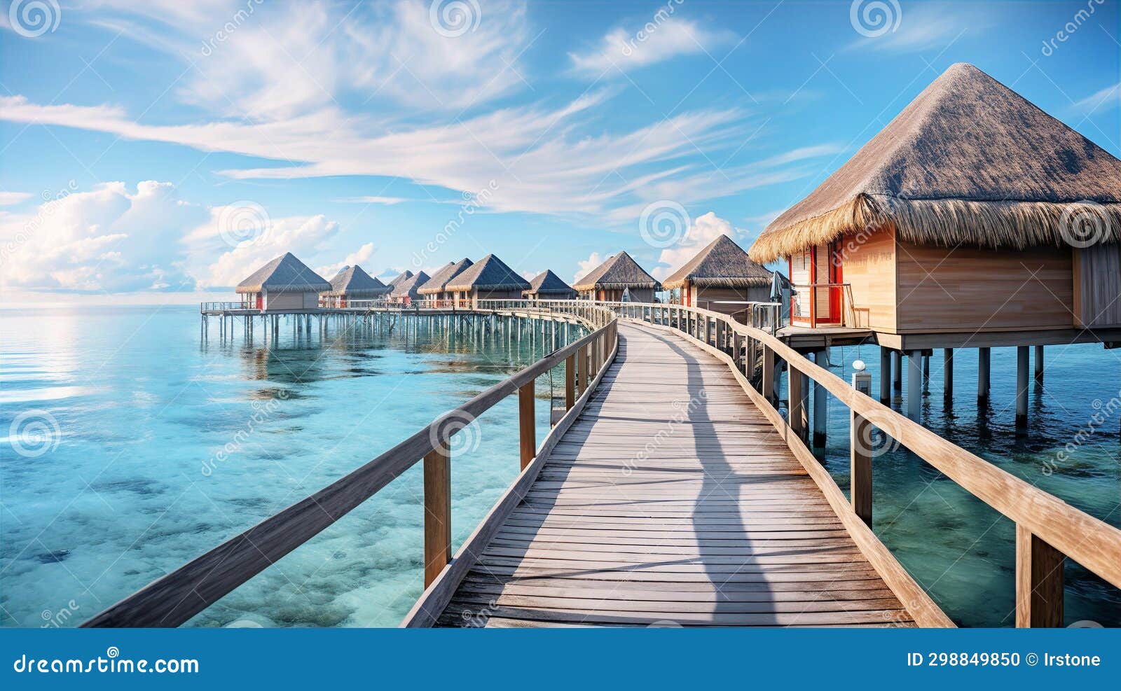 : over water villas line in maldivas with wooden foot bridge at sunset, holiday ad travel concept