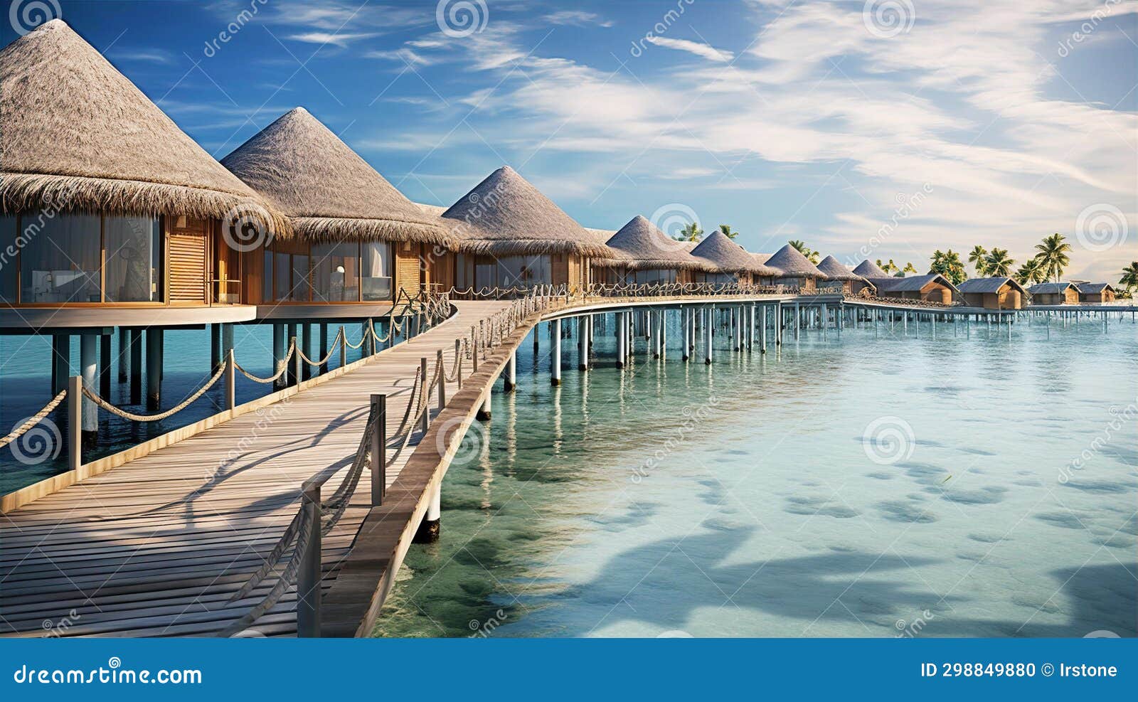 : over water villas line in maldivas with wooden foot bridge at sunset, holiday ad travel concept