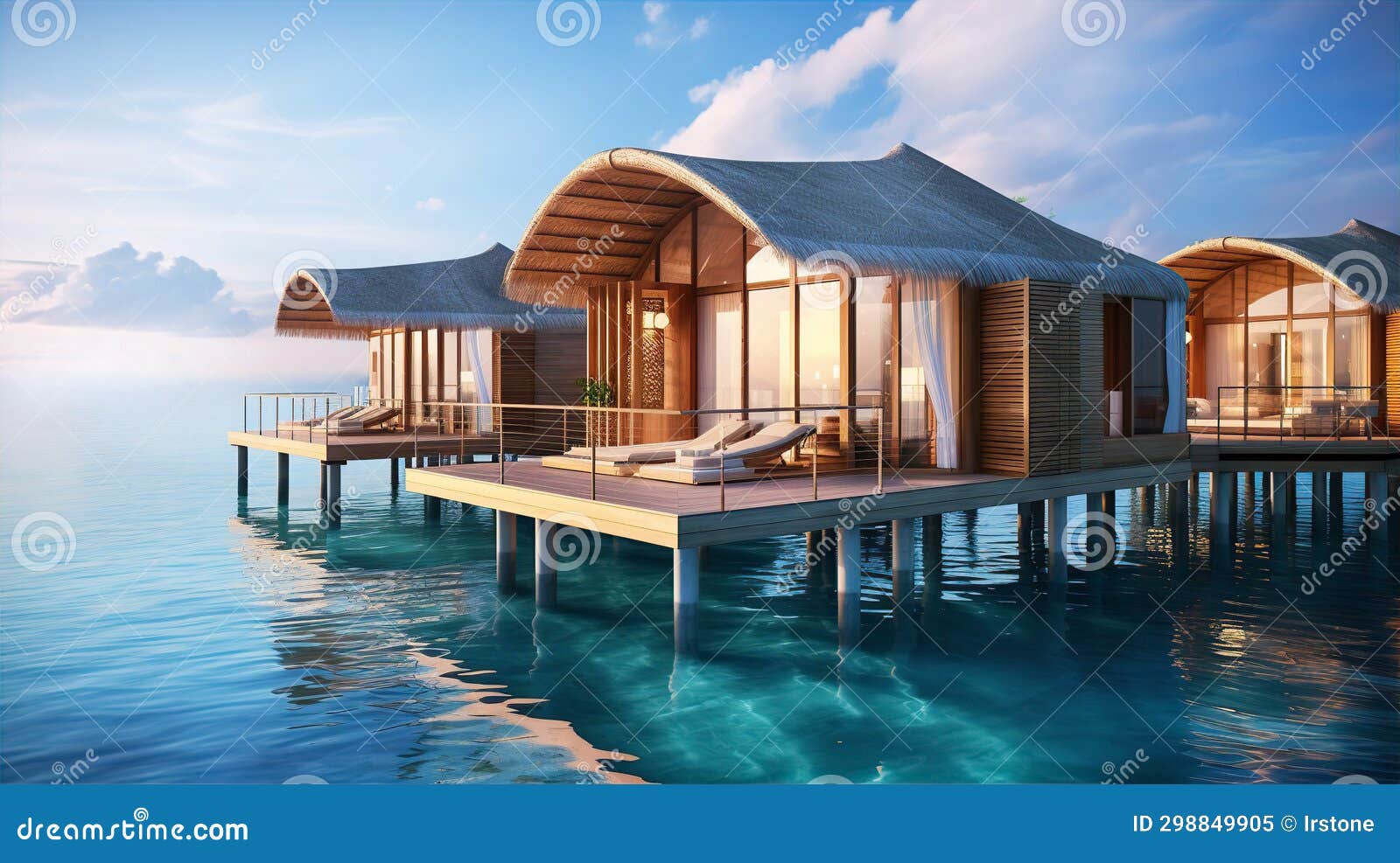 : over water villas line in maldivas with wooden foot bridge at sunset, holiday ad travel concept