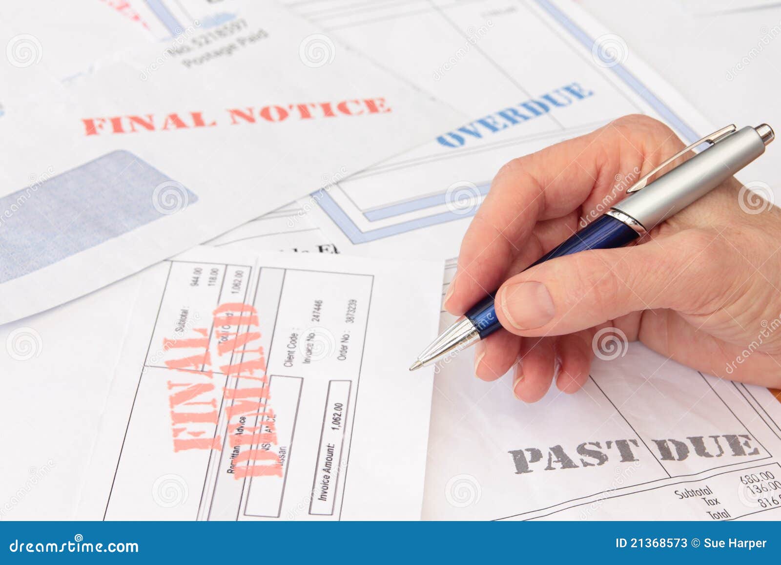 Overdue Bills and Invoices with Pen in Hand Stock Image - Image of