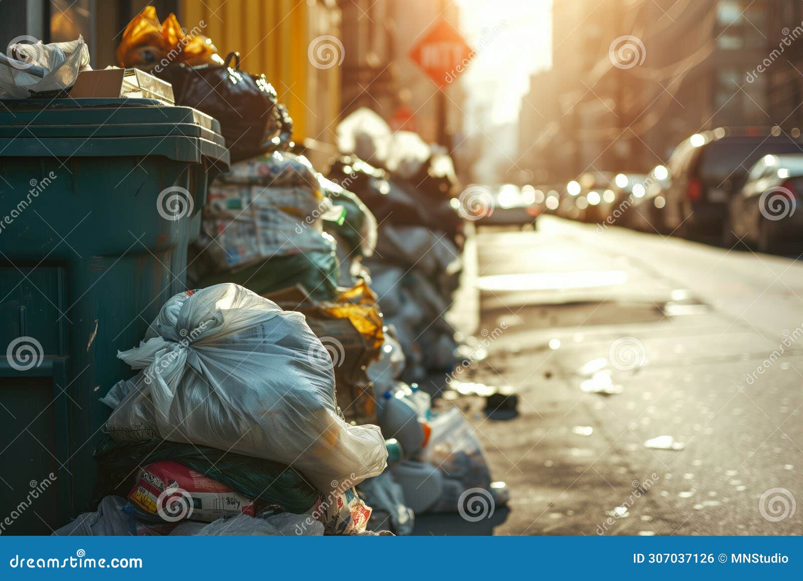 overflowing garbage can in an urban area. mess and trash on the street near rubbish container bin. continual challenge of waste